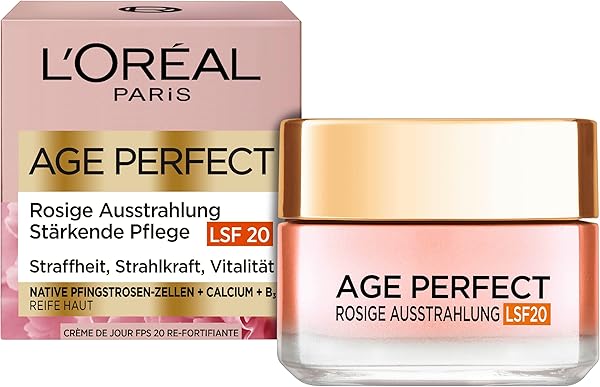 L'Oréal Paris Rosé Tagespflege LSF 20 für Frauen, für eine ebenmäßige & strahlende Haut & rosig frische Ausstrahlung mit Pfingsrosen-Zellen, Calcium und Vitamin B3, Age Perfect Golden Age1x 50ml