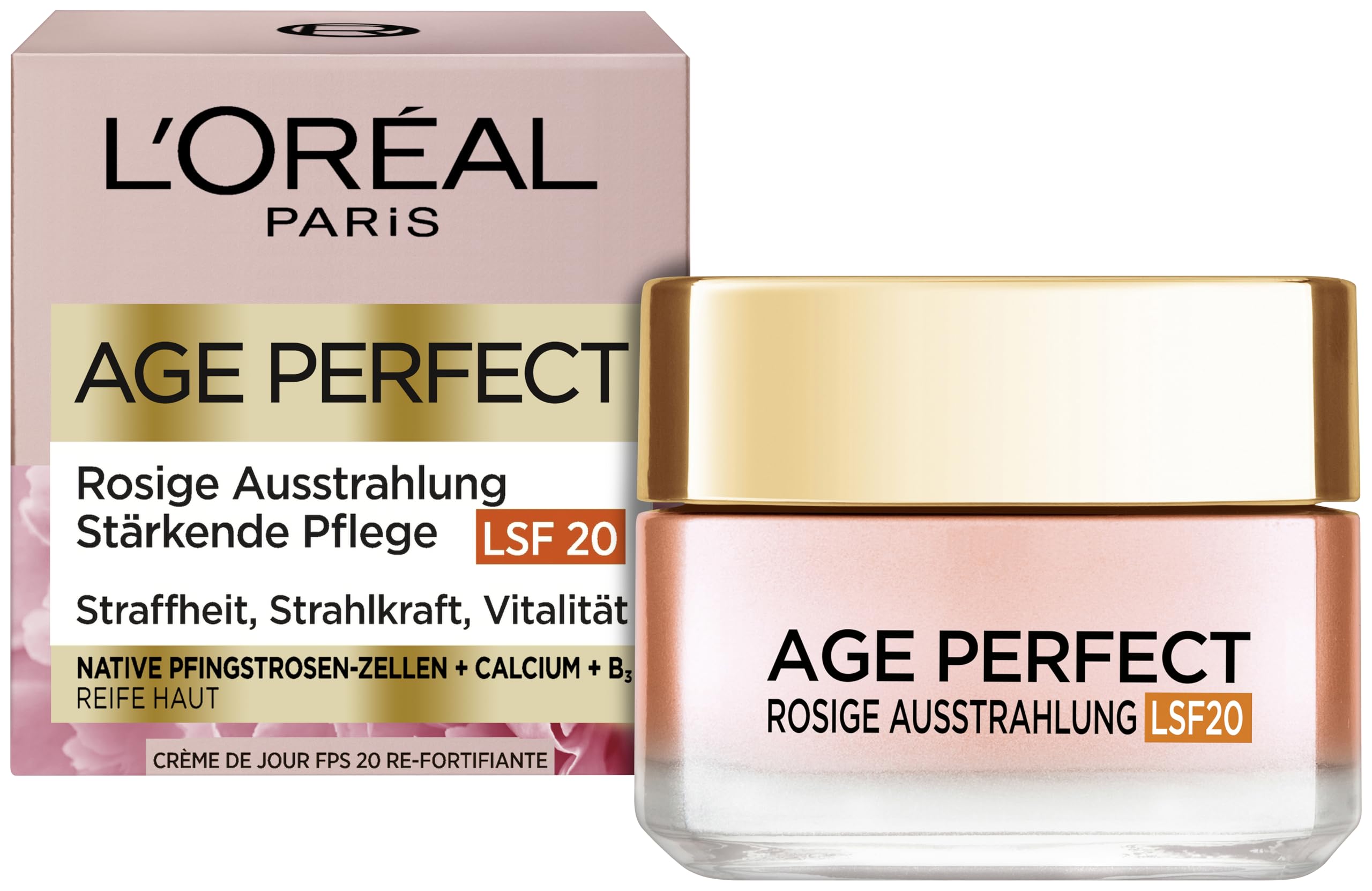 L'Oréal Paris Rosé Tagespflege LSF 20 für Frauen, für eine ebenmäßige & strahlende Haut & rosig frische Ausstrahlung mit Pfingsrosen-Zellen, Calcium und Vitamin B3, Age Perfect Golden Age1x 50ml