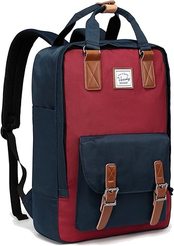 Miniatura 9 de VASCHY Mochila para hombres y mujeres, mochila escolar vintage de 15 pulgadas resistente al agua, Negro -, Mochilas Daypack Negro