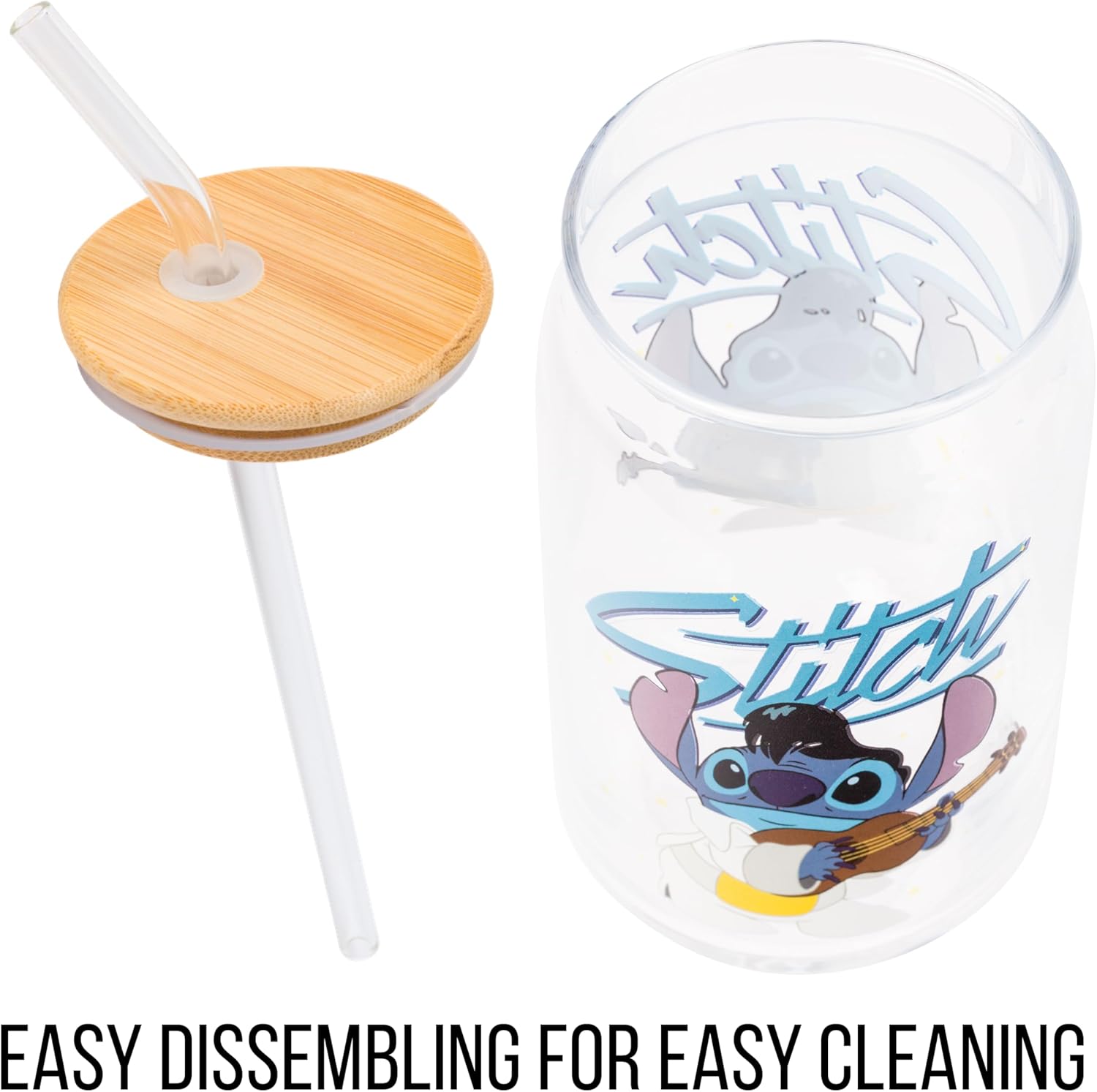 Silver Buffalo Disney Lilo and Stitch Glass Tumbler with Bamboo Lid and Glass Straw Featuring Stitch in an Elvis Costume, 16 Ounces - Image 7