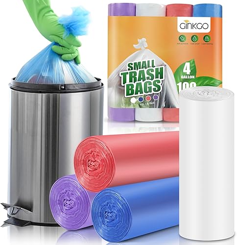 Small Trash Bags 4 Gallon Bathroom Garbage Bags - 100 Count, 4 Colors, Clear Unscented Plastic Mini Trash Bags for Kitchen, Waste Baskets, Office, Bedroom and Car - Bulk Little Garbage Can Liners