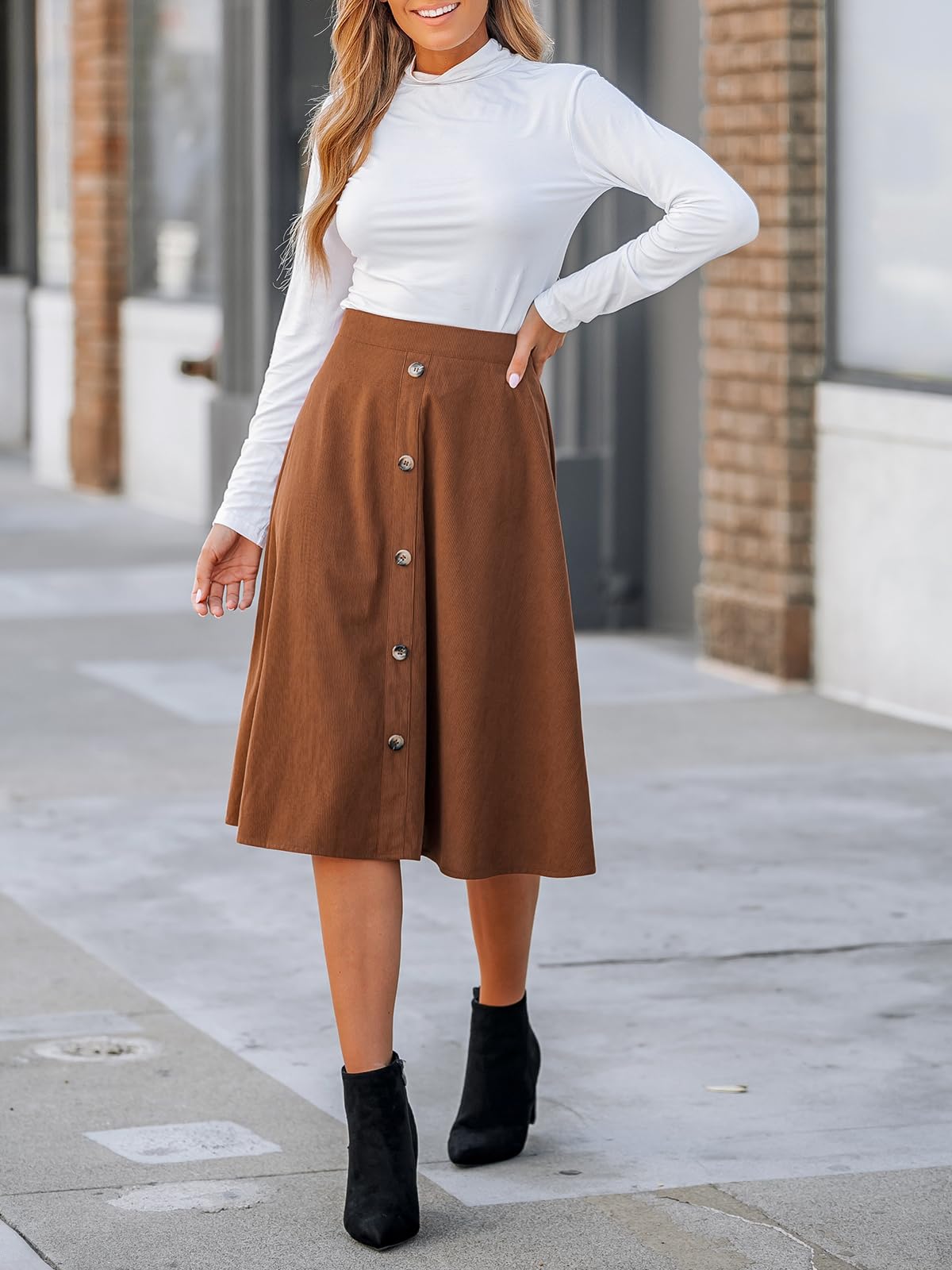 CUPSHE Damen Cordrock Hohe Taille Knöpfen A Linien Midi Rock Elegant High Waist Freizeitrock Party Short Skirt