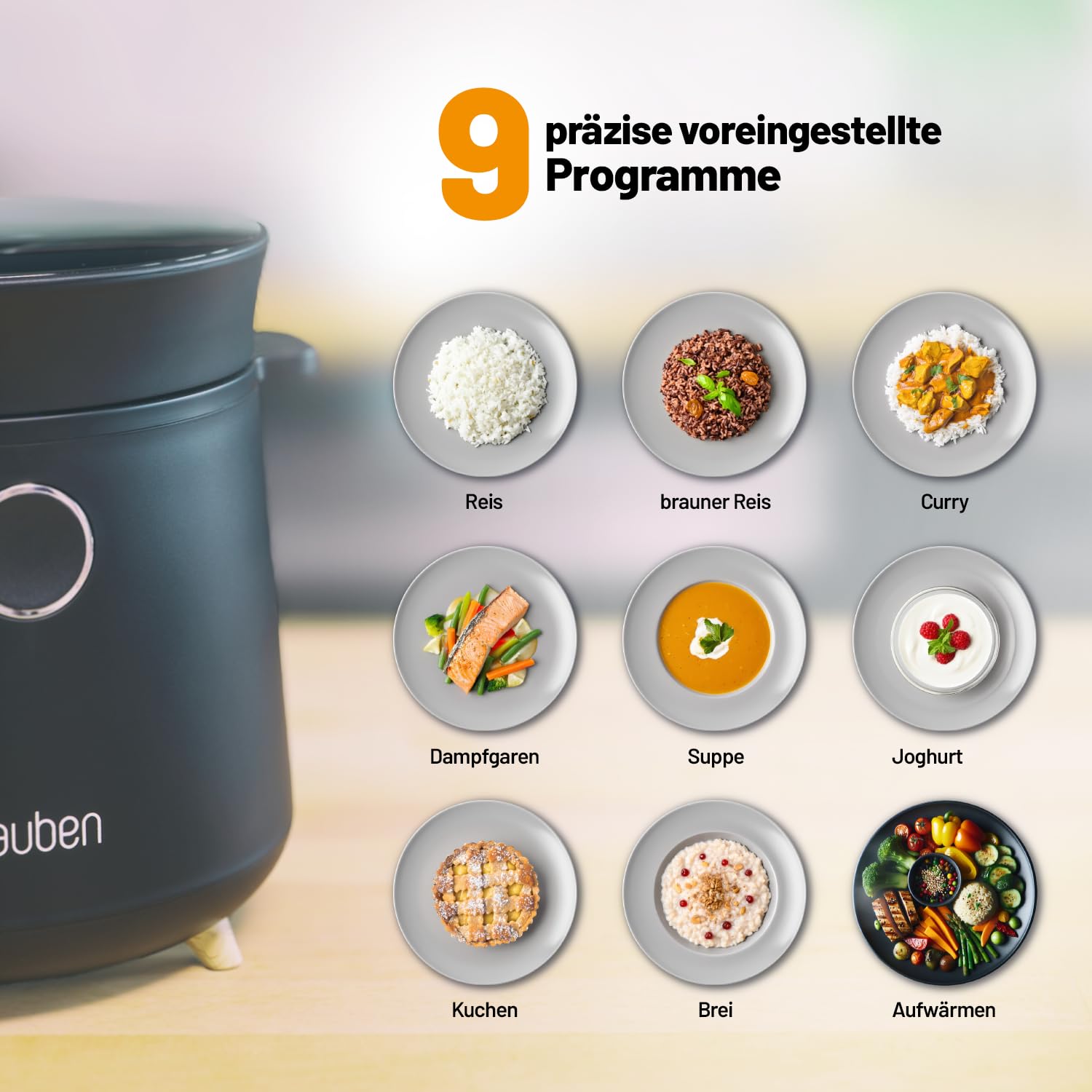 Lauben Multifunction Rice Cooker 1500BW, Multifunktionaler Reiskocher - Leistung 350 W, Volumen 1,5 l, Digitalanzeige, 9 Programme, Antihaftbeschichtung, Temperaturerhaltung, Startverzögerung