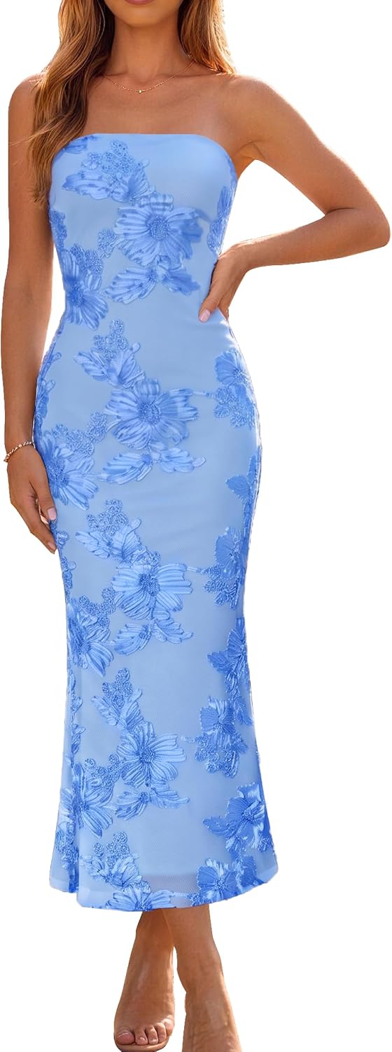 Poulax Women's Floral Cocktail Wedding Guest Dress 2026 Fall Strapless Bodycon Mesh Tube Formal Party Maxi Dresses