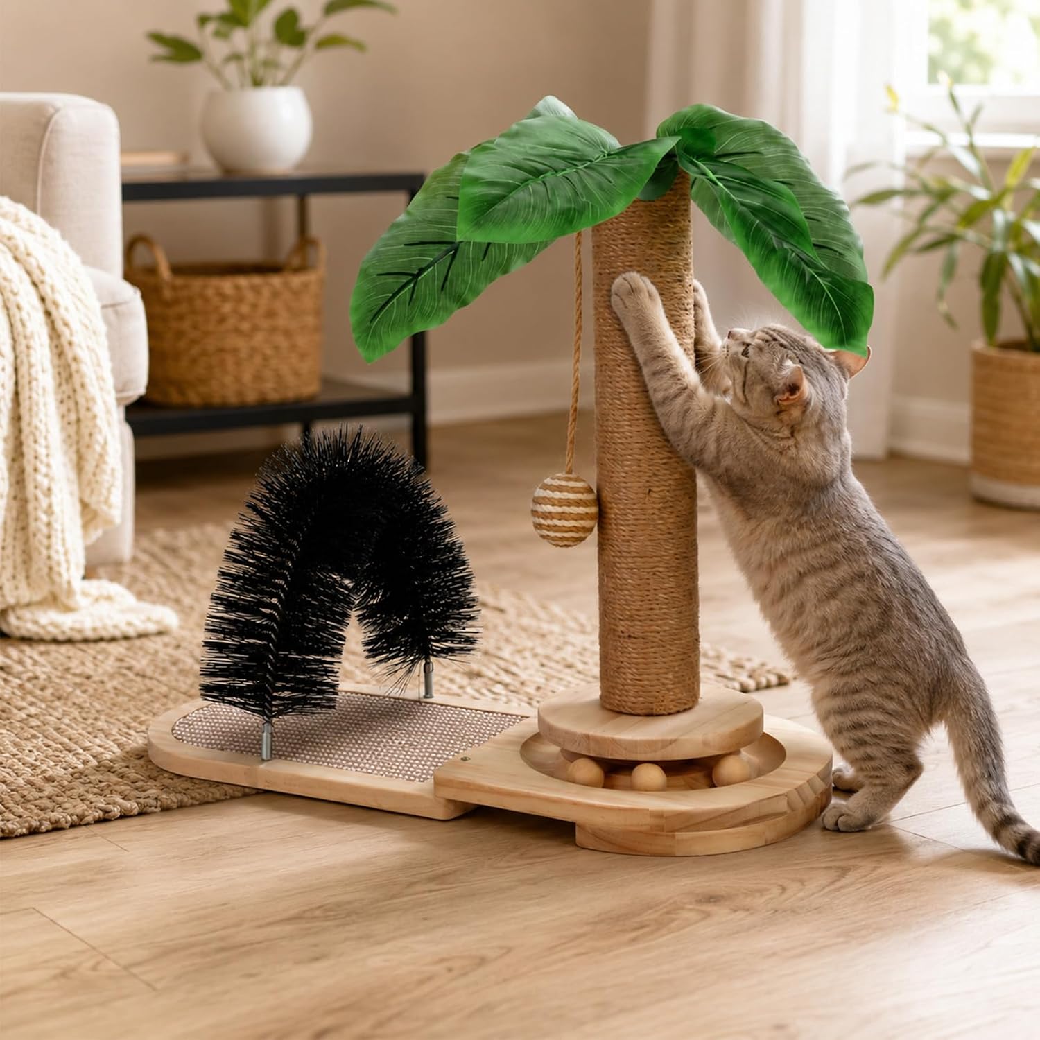 16.5” Tall Sisal Cat Scratching Post with Self Groomer | Interactive Sisal Hanging Ball,Fun Wooden Rolling Balls for Small Cats to Play Indoors,Natural Sisal Cat Scratch Posts