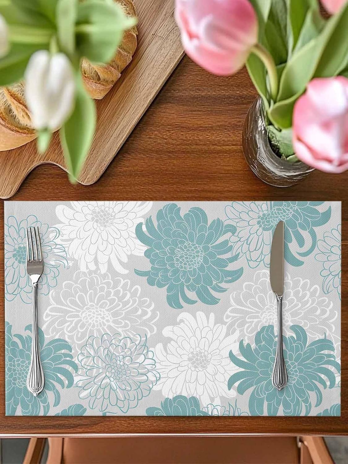 Set of 4 Placemats Heat-Resistant for Dining Table Linen Table Mats Floral Rectangle Pad Placemat 12 x 18 Inch - Chrysanthemum Flower Teal Grey White