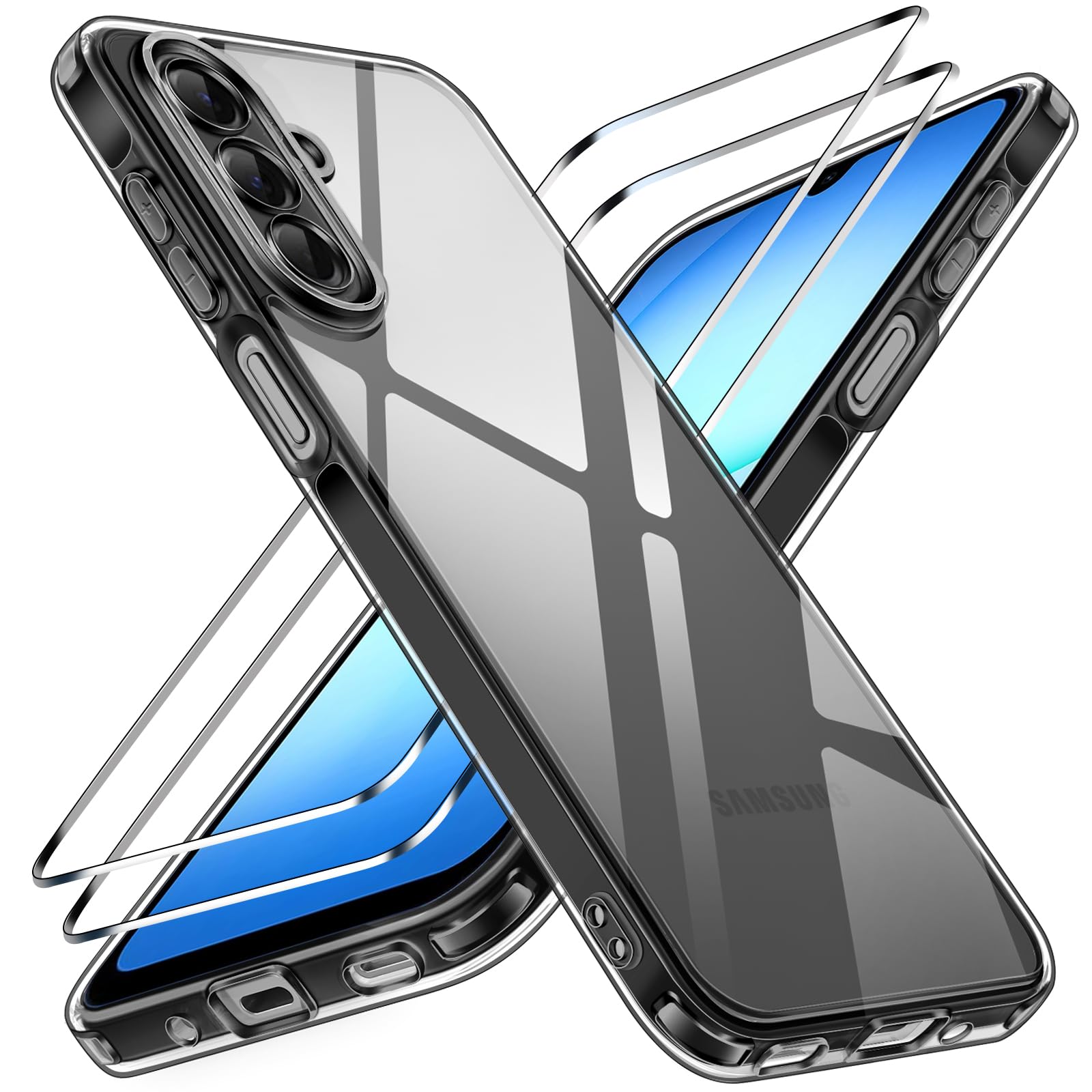 ivoler Nie Vergilbung HD Klar Hülle für Samsung Galaxy A17 4G / A17 5G, mit 2 Stück Panzer Schutz Glas, Militärischer Stoßfest Kratzfest Transparent Schutzhülle Dünn Durchsichtige Case - Schwarz