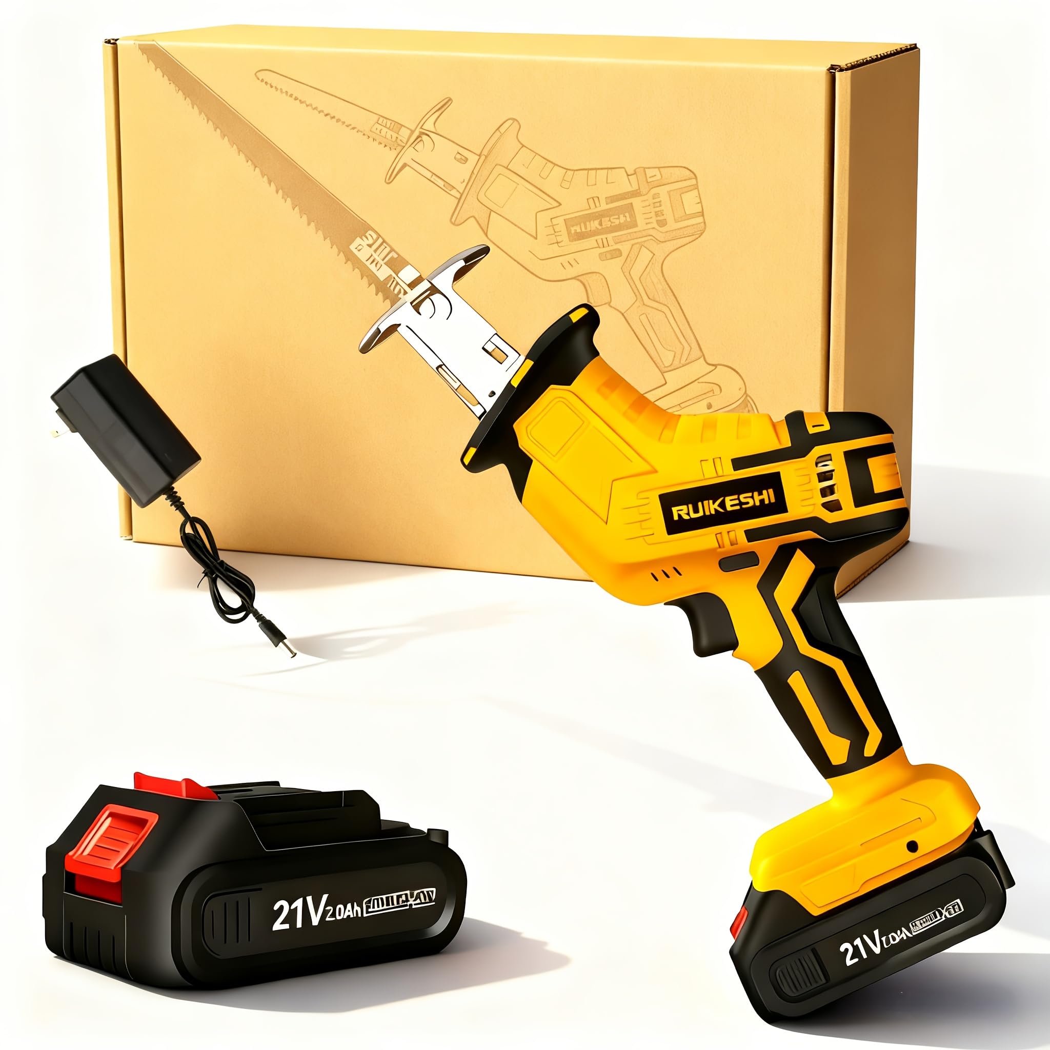 Ruikeshi 21V Cordless Reciprocating Saw, Yellow/Black, Battery Powered, 3000 SPM, with 4 High Carbon Steel Blades, 2 Batteries, Carrying Case for Wood Metal PVC Cutting (Reciprocating saw+1 battery)
