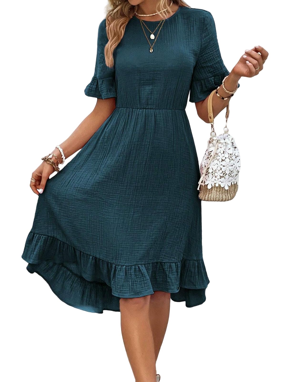 Women's Dress Abito A Manica Corta Casual Estiva da Donna Elastico in Vita -Verde Scuro-l