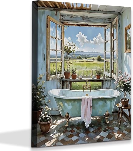 Lienzo enmarcado para pared de baño, diseño rústico de flores y bañeras, decoración de pared de ventana de campo, póster de lienzo para decoración