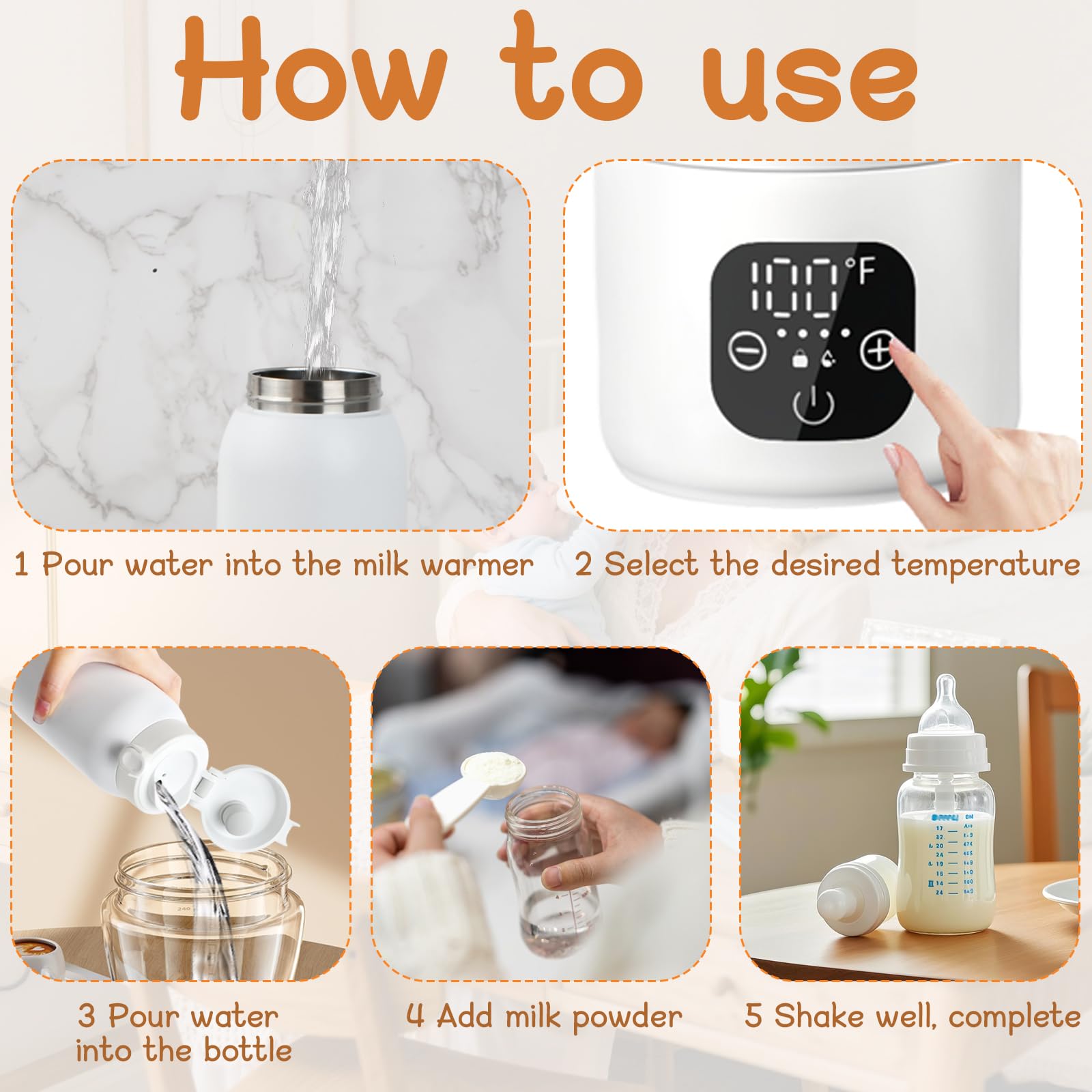 Baby Flaschenwärmer, Fast Baby Milk Bottle Warmer, Temperaturkontrolle 35~70 °C mit Digitalanzeige, Schnelles Aufheizen und Lange Akkulaufzeit 11000mAh, 500ml Kapazität für Reisen & Nachtfütterung