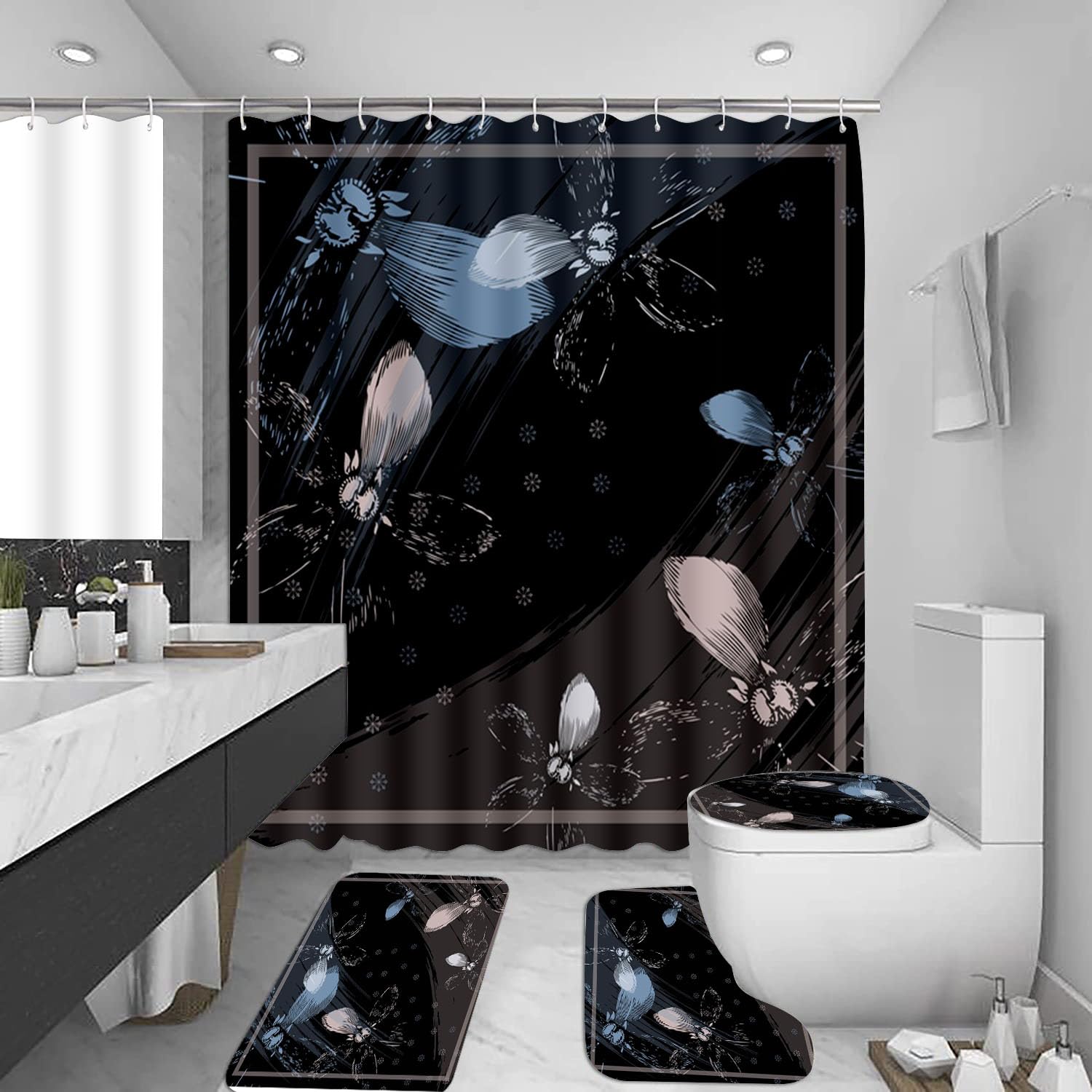 Ensemble 3 tapis salle de bain 50X80cm fleurs retro securite