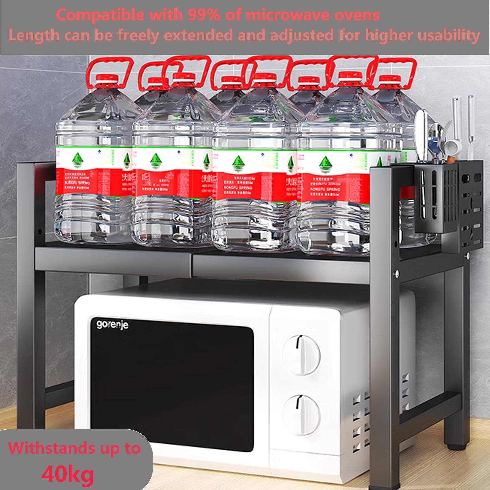 Yolispa Mensola espandibile per microonde a 2 livelli, con bacchette e tagliere in piedi, per microonde, con 6 ganci, allungabile da 40 a 64 cm