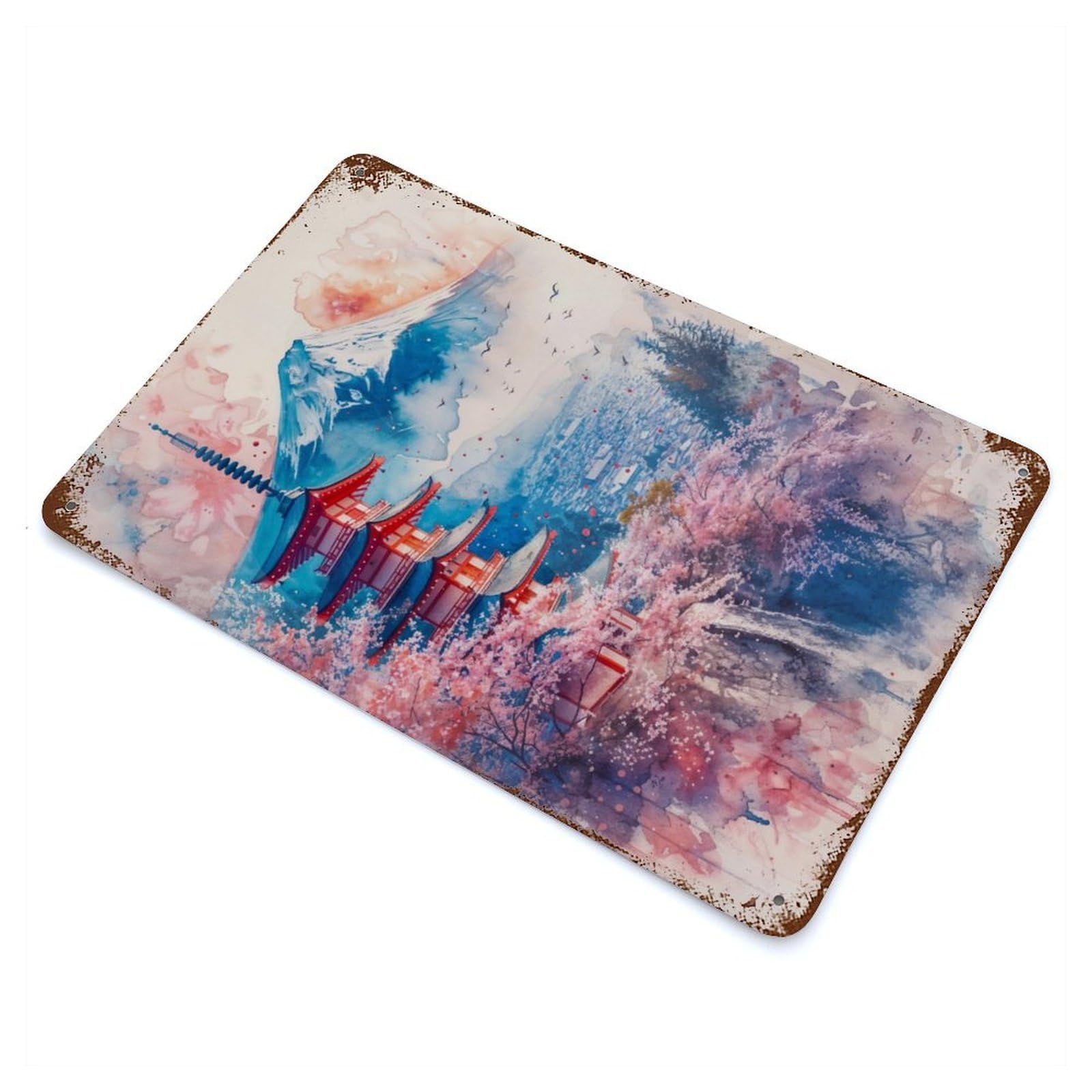 Japan Fuji Watercolor Rustic Tin Plaque 11.8"x7.9", Ideal for Cafe, Home Bar And Lounge Decor