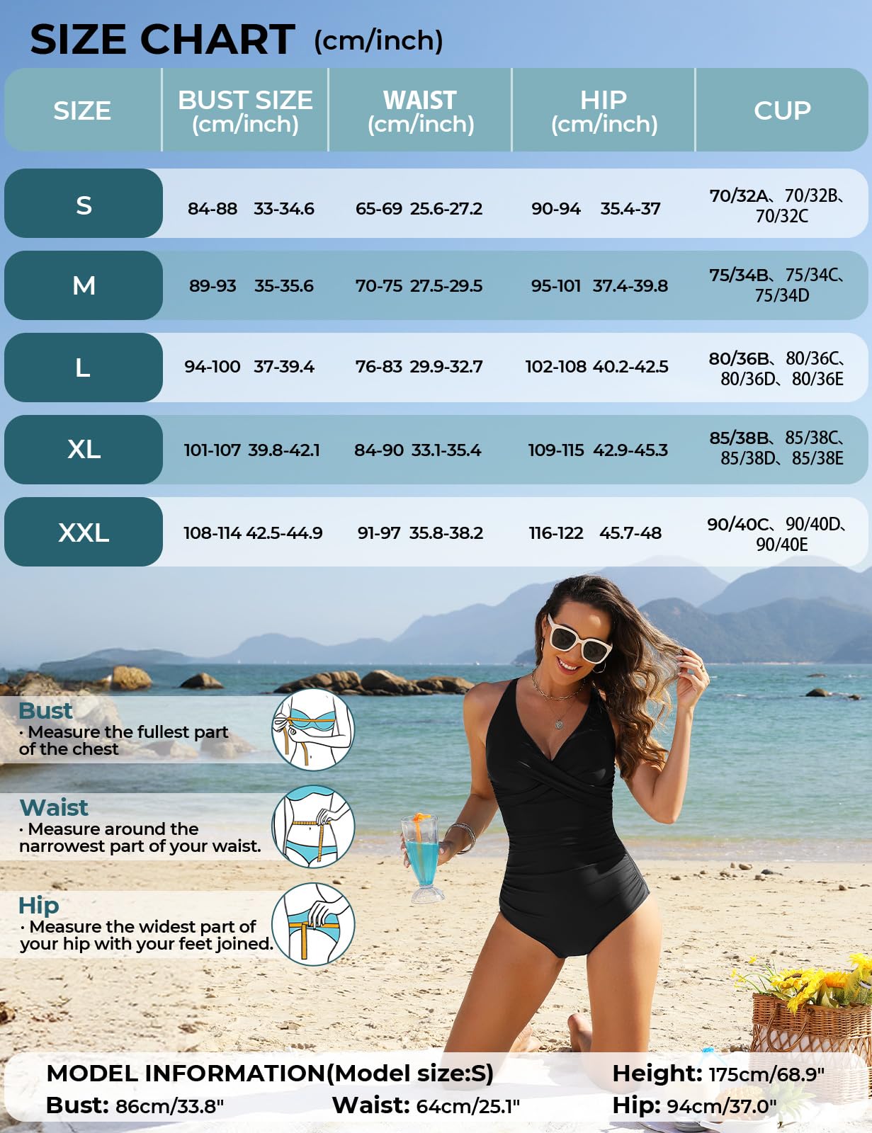heekpek Maillot de Bain Femme 1 Piece Gainant Ventre Plat Push Up Rembourré Taille Haute Maillot de Bain Une Piece Femme Retro Swimsuit avec Avant Croisé