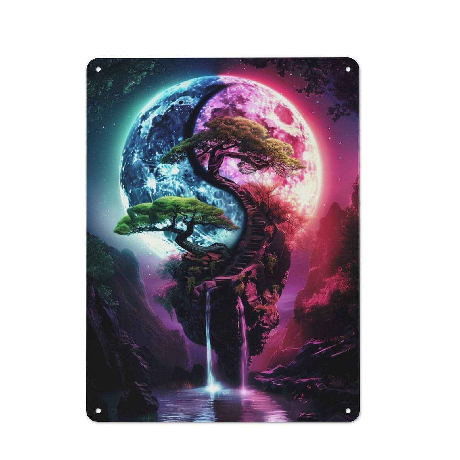 Junmoney Yin Yang Bonsai Tree Moonlight Rustic Metal Wall Sign 40X30cm Featuring For Garage Wall, Tin Sign Wall Decor For Garages And Workshops