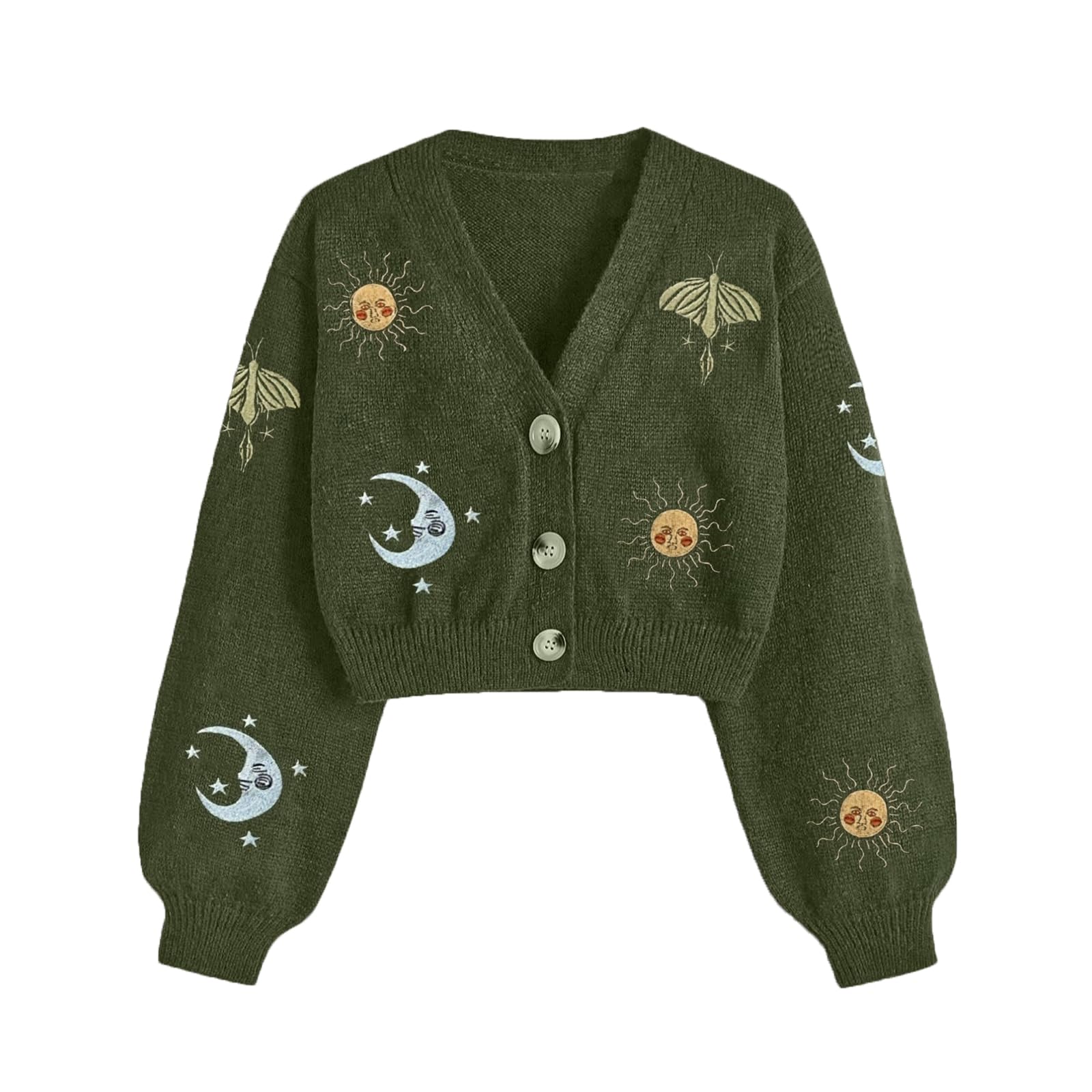 Womens Cardigan Sweaters Casual Button Down Jacket Cropped Embroidery Sweater Cute Graphic Coat Fall Clothes