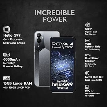 Androidタブレット本体 TECNO POVA 4 Pro 128GB/8GB RAM Android TECNO POVA 4 (Magma Orange,8GB RAM,128GB Storage)| 6nm Helio