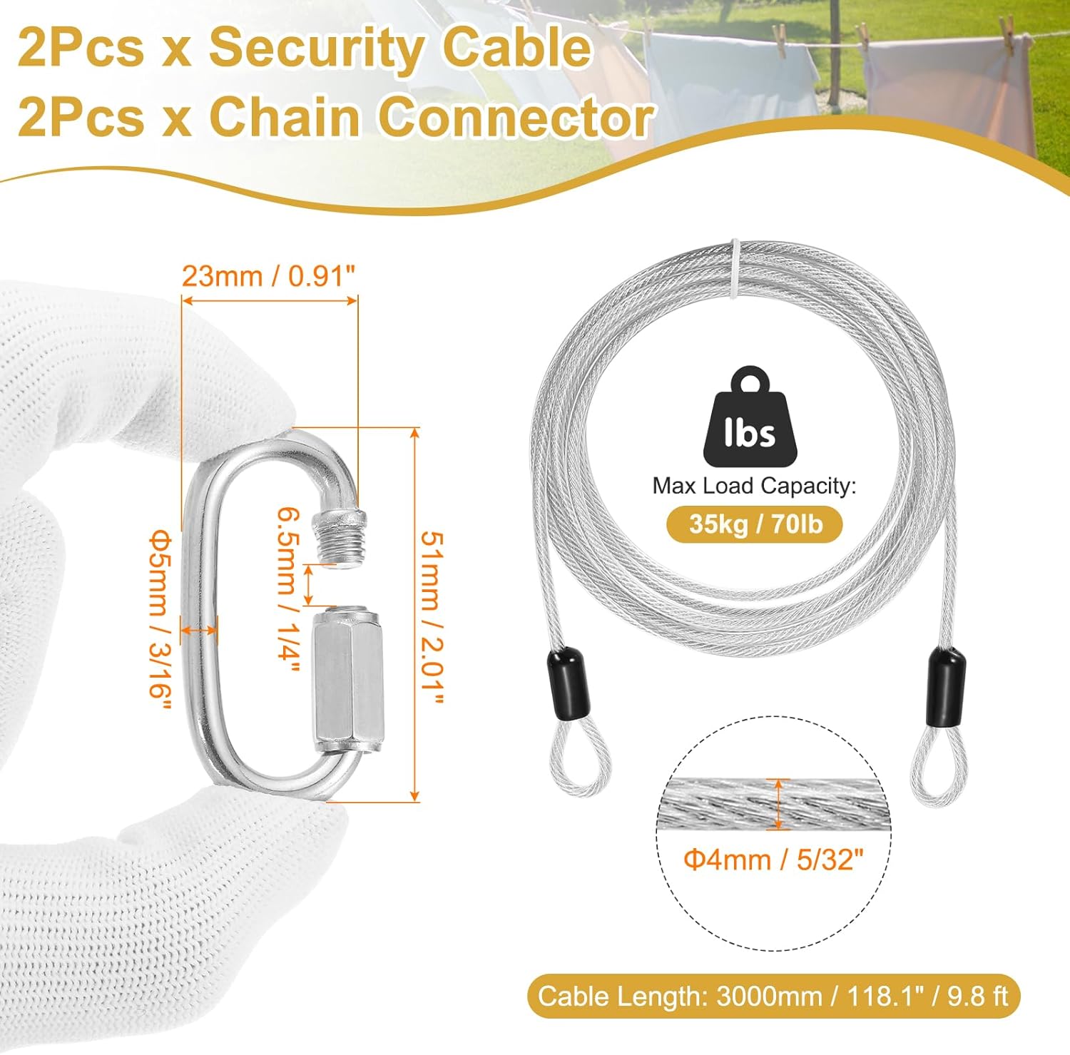 PATIKIL Security Cable Lock (5/32" Dia 9.8ft, Clear)(2 Set) Vinyl Coated 304 Stainless Steel Double Loop Flexible Wire Rope Safety Cable with Quick Links Locking Connectors