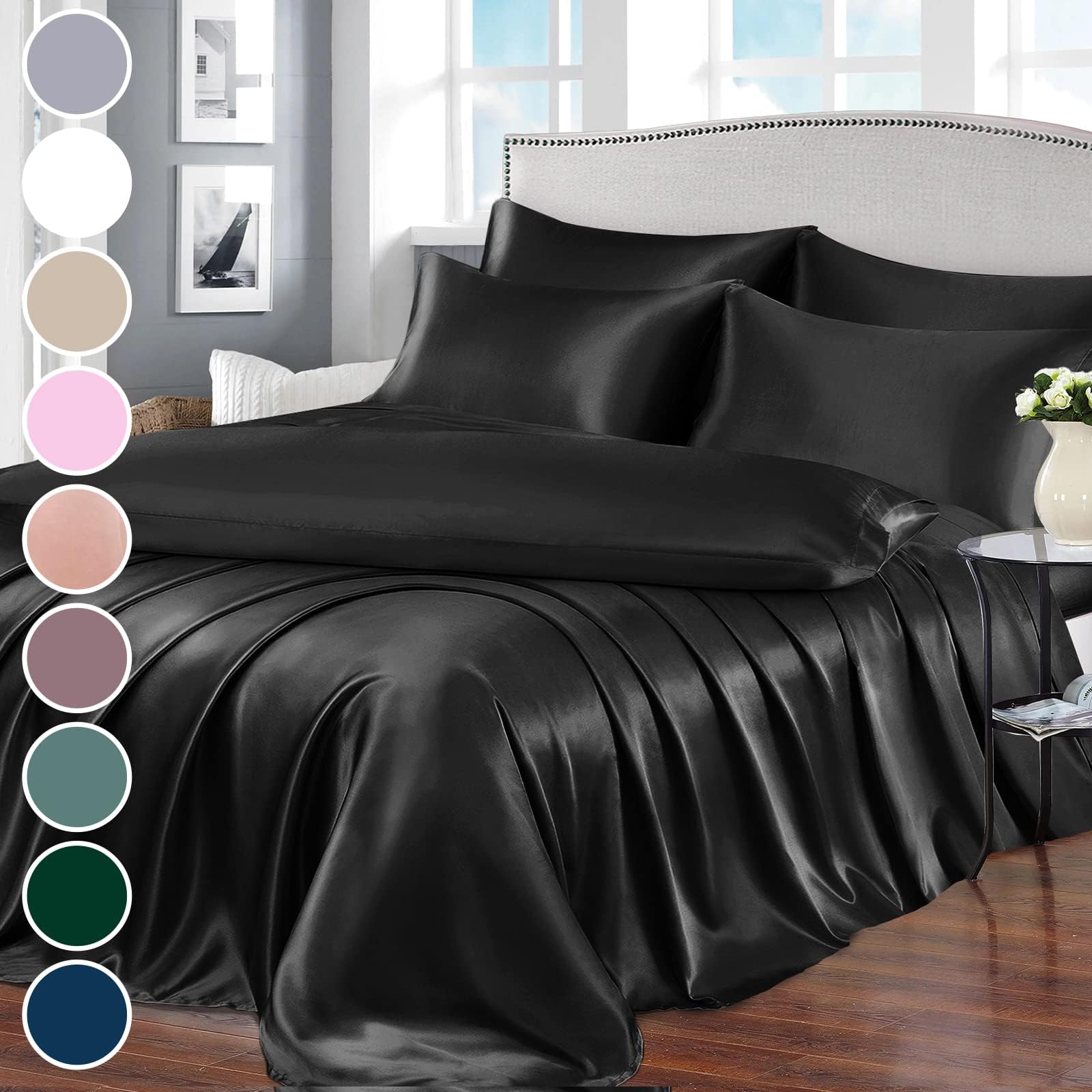 Homiest 7pcs Satin Sheets King Size Bed Set Satin Sheet Set, Black Bed Sheets Luxury Silky Satin Bedding Set, 1 Deep Pocket Fitted Sheet, 1 Soft Flat Sheet, 4 Pillowcases, 1 Body Pillowcase