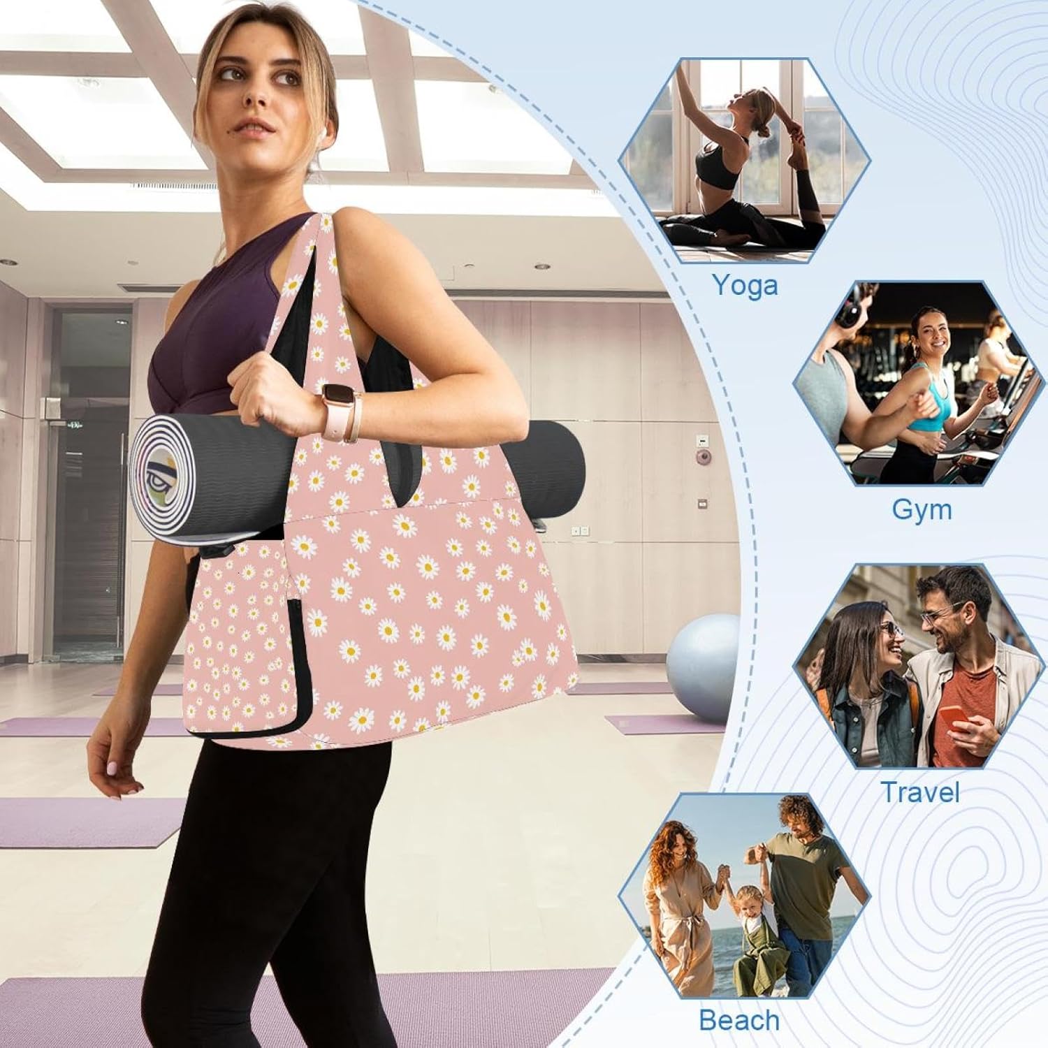 Yoga Mat Bag, Gym Workout Bag with Shoe Compartment, Gold Black Fleur De Lis Pilates Bag for Women, Quick Access Storage Yoga Tote Bag for Sports Travel Office