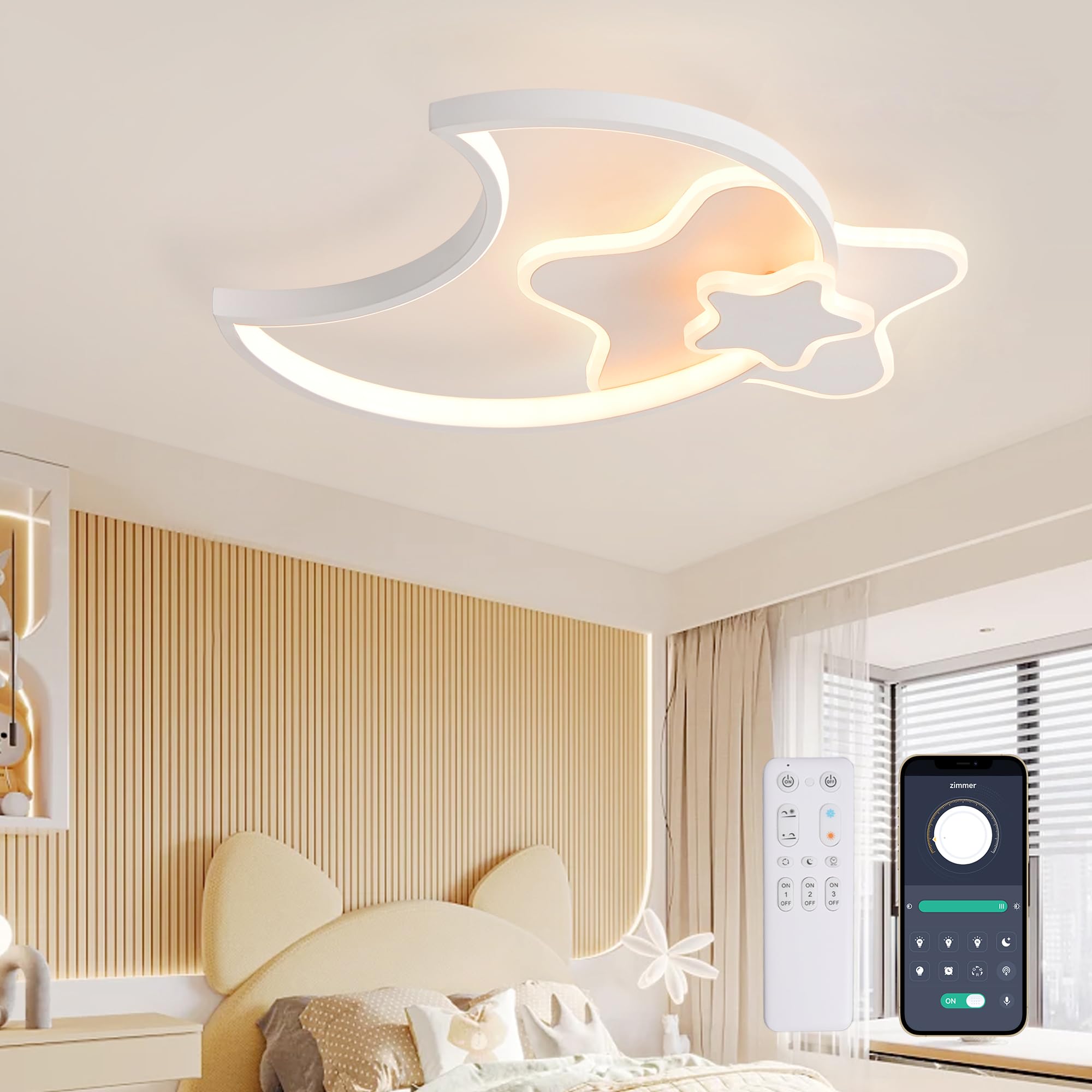45CM 34W Lampara Infantil Techo, Lámpara de techo Luna LED Regulable con Control Remoto 3000-6000K, Lámpara LED de Estrella Luces para habitacion de bebé Plafon Led Techo para Dormitorio