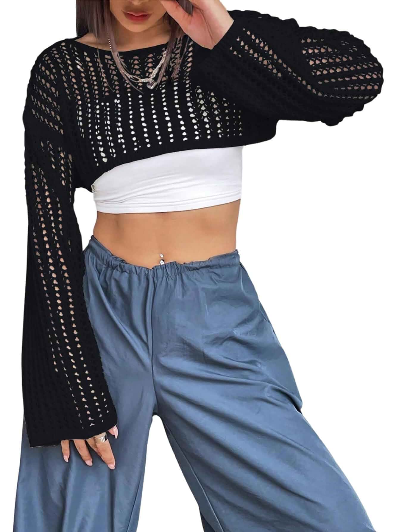 SHENHE Women's Crochet Hollow Out Bell Sleeve Sweater | Long Sleeve Mesh Shrug, Cropped Hollow Out Cover‑Up Top