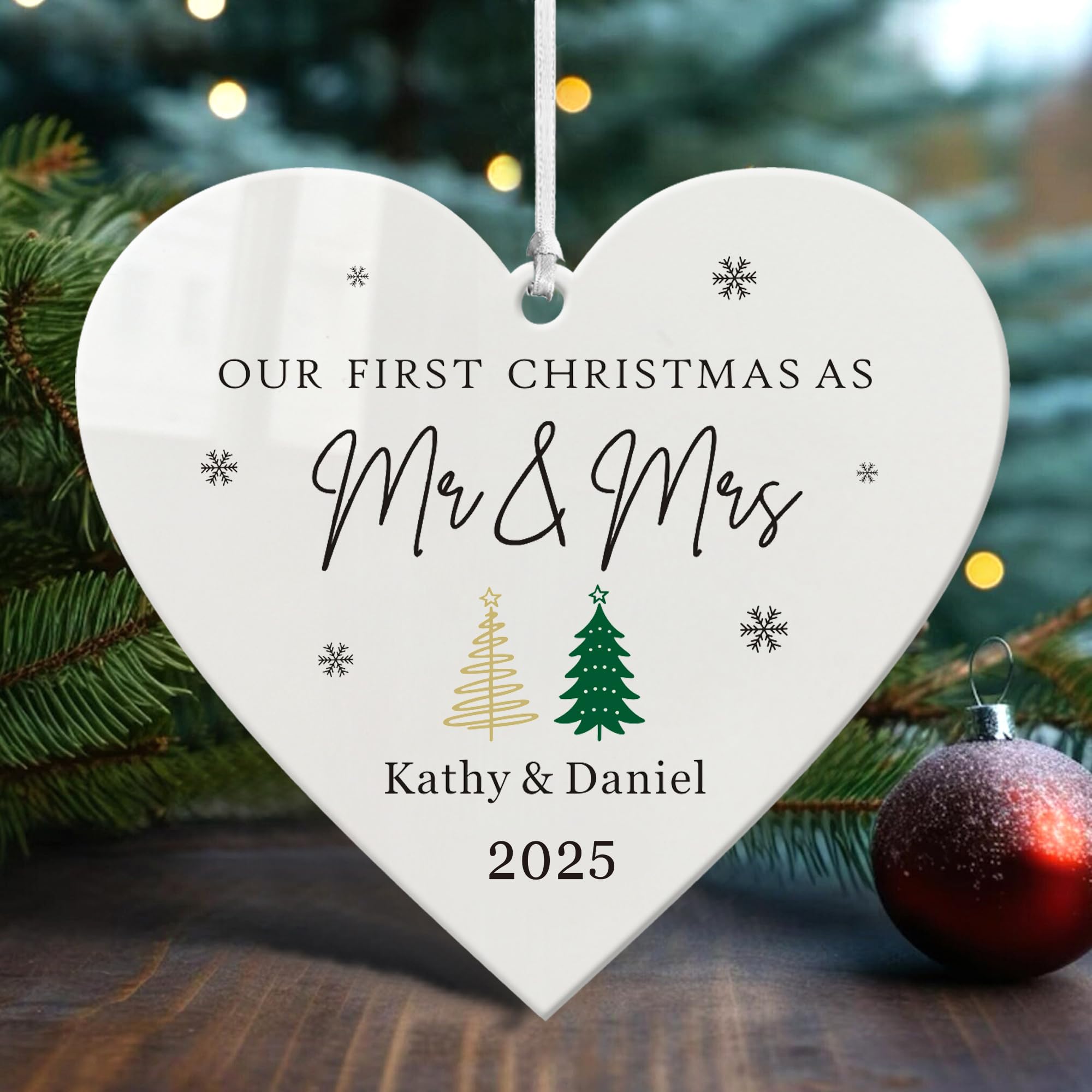 Personalised First Christmas as Mr and Mrs 2025 Tree Decorations 1st Christmas Baubles Gifts Xmas Gifts Custom Christmas Ornaments for Men Married Engaged New Couple Wife (Design 2, Heart)