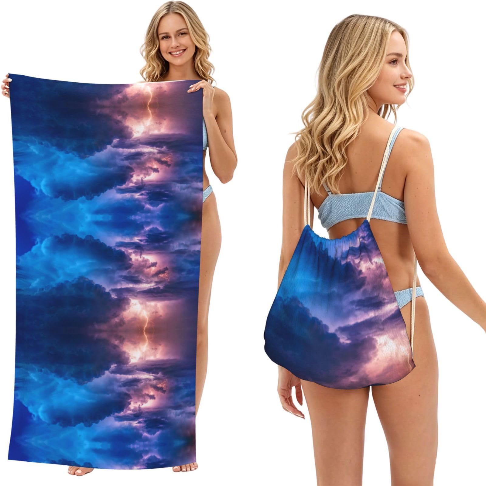 SATUSA Clouds Print 2-In-1 Foldable Beach Towel Backpack â€“ Camping, Yoga And Travel,Bath Towel With Built-In Storage, Convertible Beach Mat & Carry Bag
