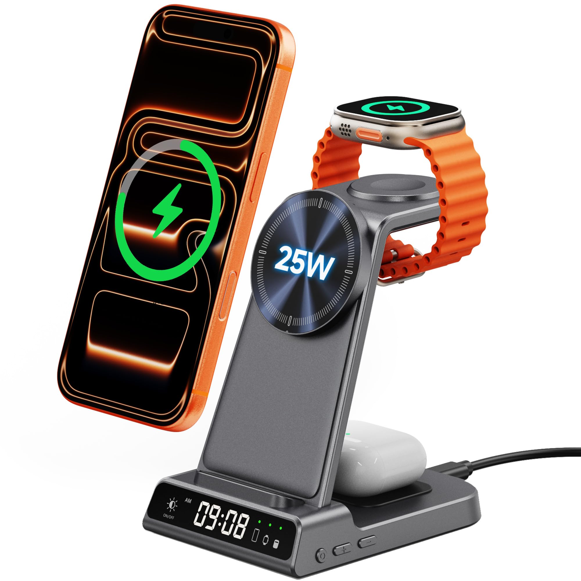 25W Induktive Ladestation Kompatibel mit MagSafe, Magnetische Schnellladestation mit Uhr für iPhone 17 Pro Max/17/16/15/14/13-Serien, Kabelloses Ladegerät für Apple Watch und AirPods, SwanScout C02M