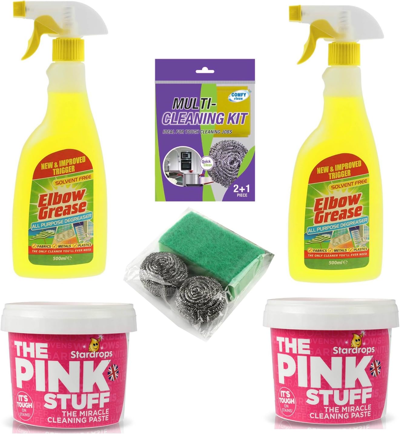 Elbow Grease Cleaner Degreaser Spray 500ml x 2, The Pink Stuff - The Miracle Paste All Purpose Cleaner 500g x 2 Plus Free Cleaning Kit with 2 x Stainless Steel Scourer and Sponge Kit