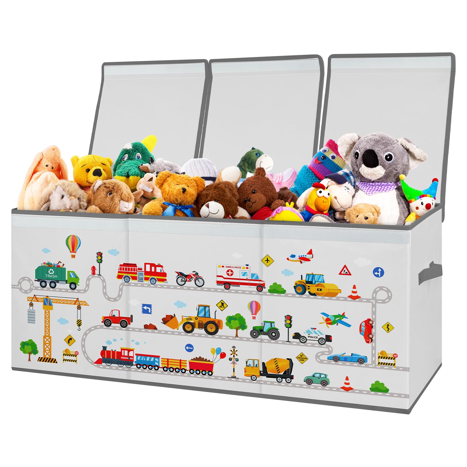 Extra Groß Aufbewahrungsbox mit Deckel Kinder, Zusammenklappbare Oxford-Spielzeugkiste mit Griff für Mädchen Jungen, Wasserdichte Spielzeug Aufbewahrung im Kinderzimmer, 96×32×40 cm (Straßenfahrzeuge)