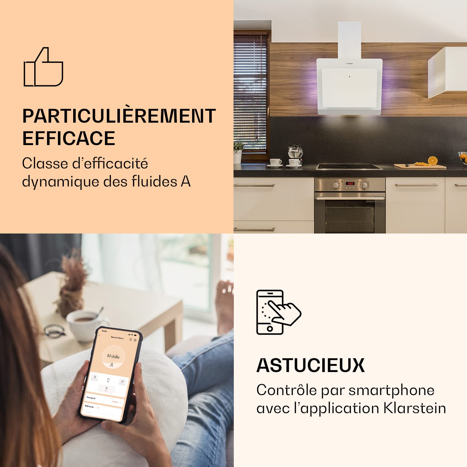 Klarstein Hotte Aspirante 60 cm, Hotte Aspirante Inclinée Silencieuse, de Cuisine 60cm avec Lampes LED, Débit d'Air Puissant 585m³/h, Efficacité Energétique A, avec Évacuation, Wi-Fi