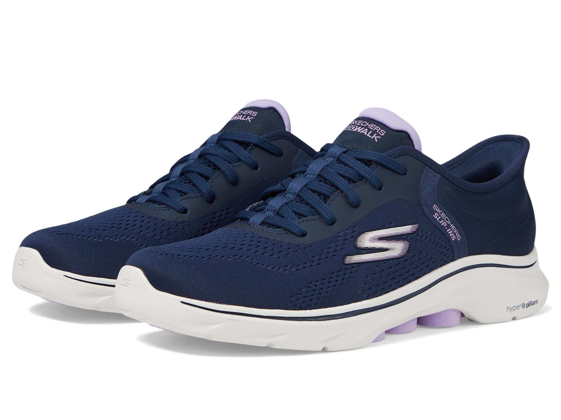 Skechers Women's Go Walk 7 Valin Slip-On Sneakers, Navy Textile/Lavender Trim, 6.5 UK