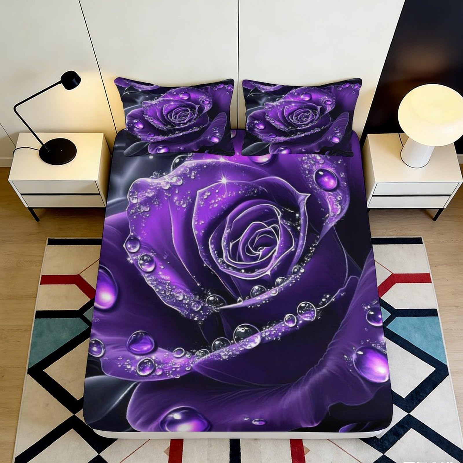 3D Printed Purple Rose Fitted Sheet Microfiber Waterdrop Bed Cover for Bedroom Guest Room Mattress Protection Decor 90x200x25cm