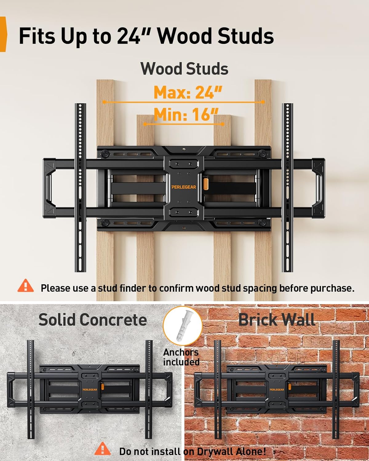 Perlegear Extra Large Full Motion TV Wall Mount for 55–120 Inch TVs up to 220 lbs, Heavy Duty TV Mount Wall Bracket with Smooth Tilt, Swivel & Extension, Fits 16″/24″ Wood Studs, Max VESA 900 x 600mm 4