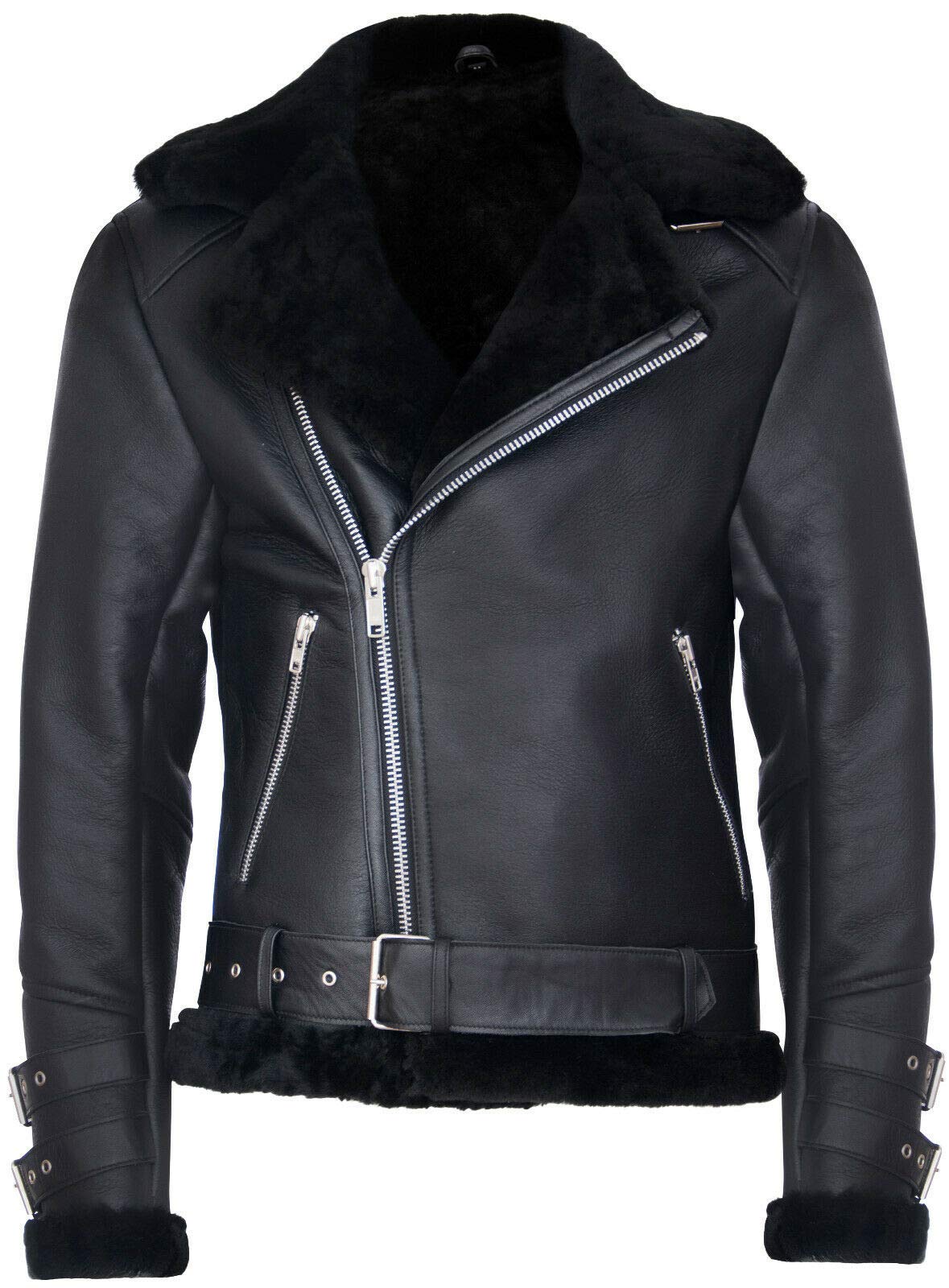 Men's Black Retro RAF B3 Pilot Real Sheepskin Shearling Biker Leather Jacket 2XL