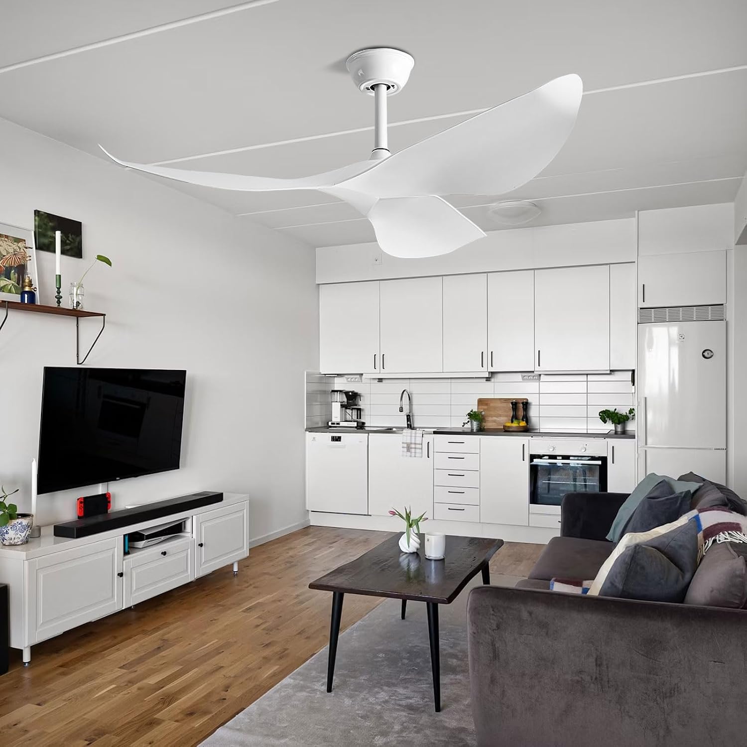 Modern White Ceiling Fan Without Lights Indoor 38in Ceiling Fan No Light 6-Speed Quiet Ceiling Fans with Remote Control, ABS 3 Blades for Bedroom Living Room Farmhouse