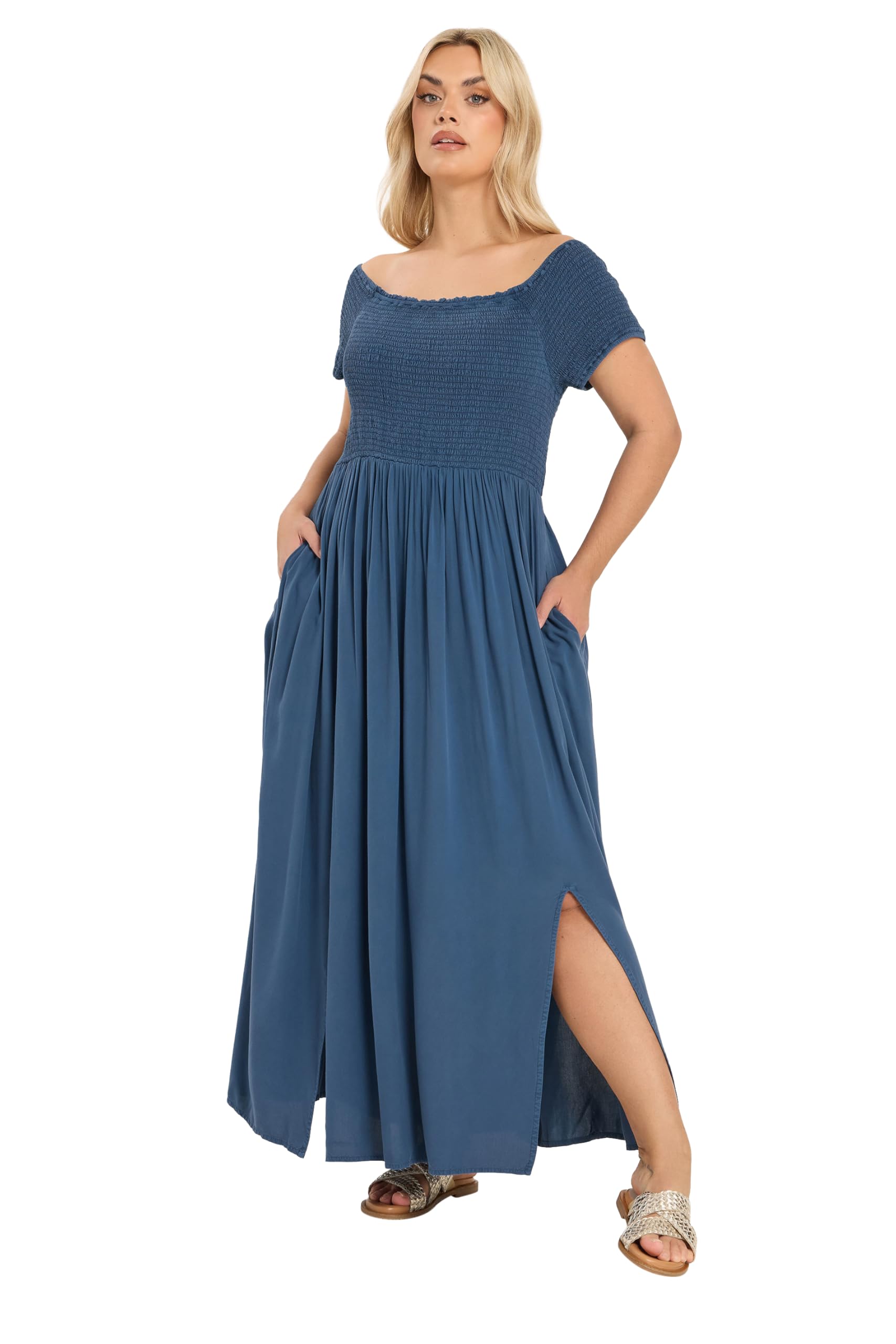 Yours Women's Mid Blue Chambray Bardot Maxi Dress In Size 26-28