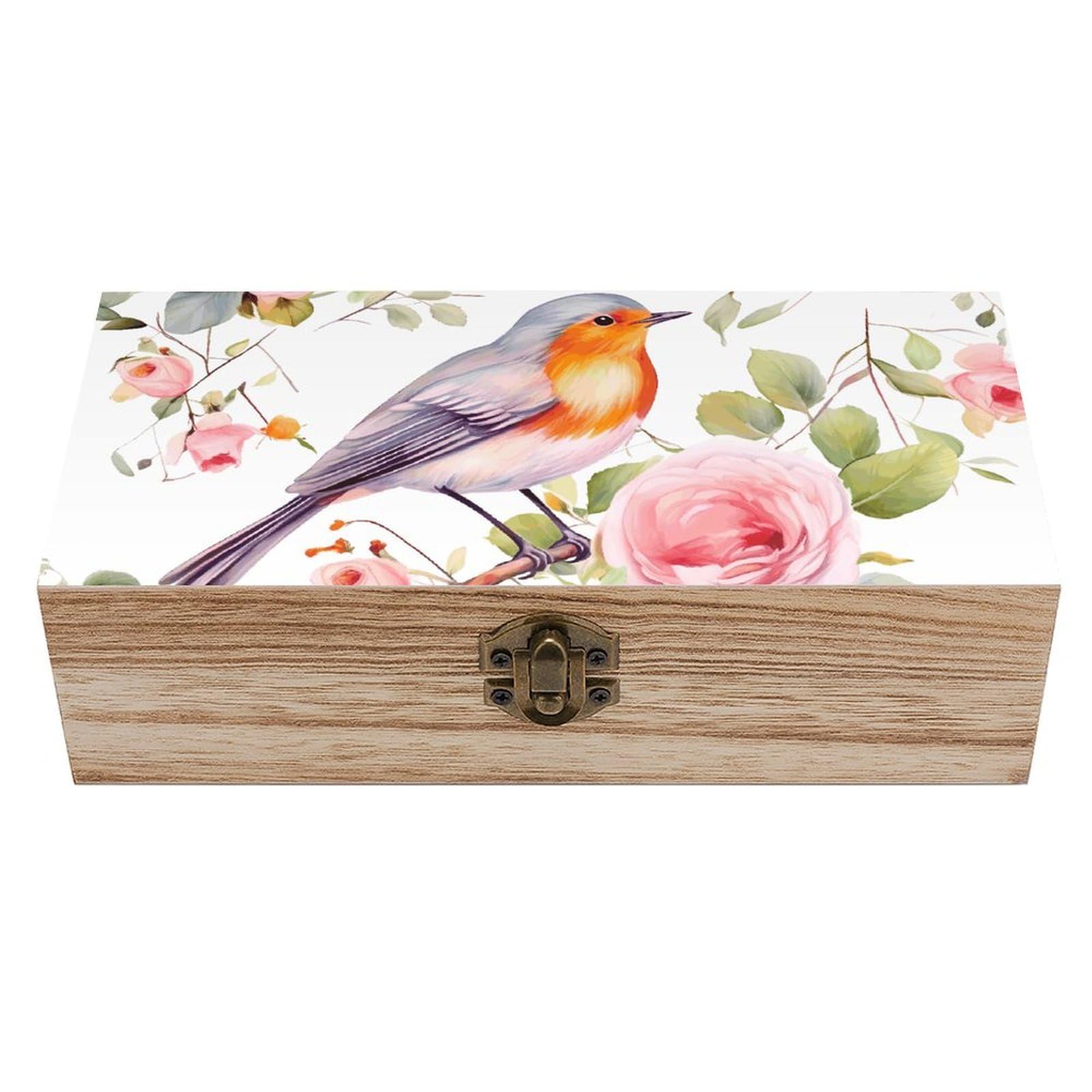 peiyeety Floral Print Watercolor Robin Bird Wooden Storage Box Home Keepsakes Boxes With Hinged Lid Vintage Decorative Gift For Photos Jewelry Home Decoration