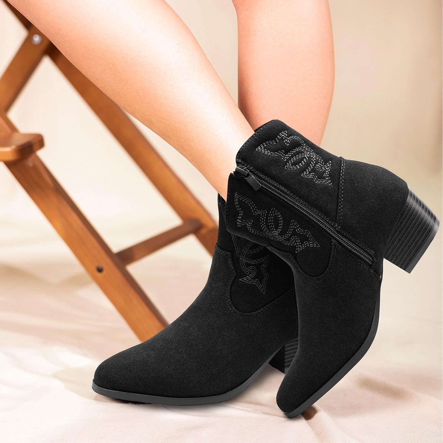 Dodow Womens Cowboy Cowgirl Boots Chunky Heel Pointed Toe Embroidered Short Western Ankle Booties - Image 6