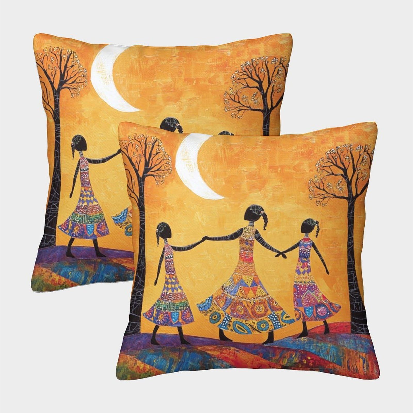kaiyun 2 Pack African Tribal Woman Pillowcase 50x50cm,Stylized Trees Under Orange Sky Cushion Cover,3D Digital Printing Bed Sofa Decorative