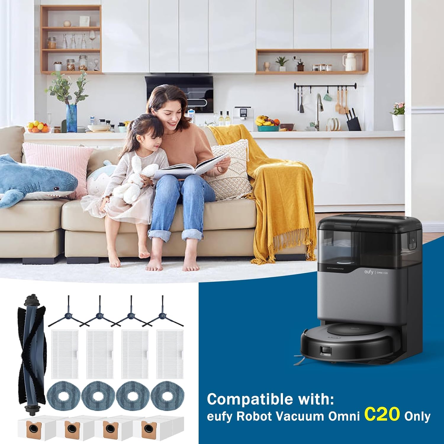 C20 Omni Replacement Parts Kits for Eufy C20 Omni Robot Vacuum Cleaner 1 Roller Brush | 4 Side Brushes | 4 Filters | 4 Mops | 4 Dust Bags-17Pack