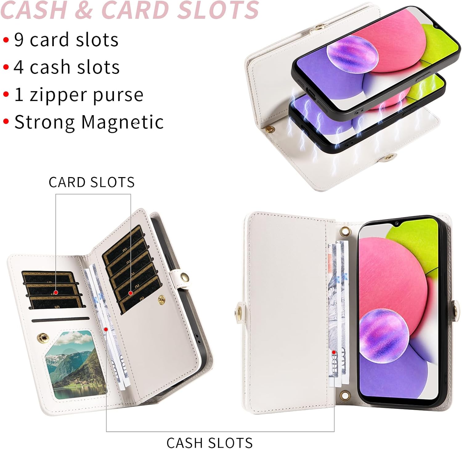 Phone Case for Samsung Galaxy A03s US Version 5G 2022 Zipper Wallet Detachable Cell Cover with Screen Protector Crossbody Strap Bling Flip Credit Card Holder Ao3s A 03s SM-A037U SM A037U Women White