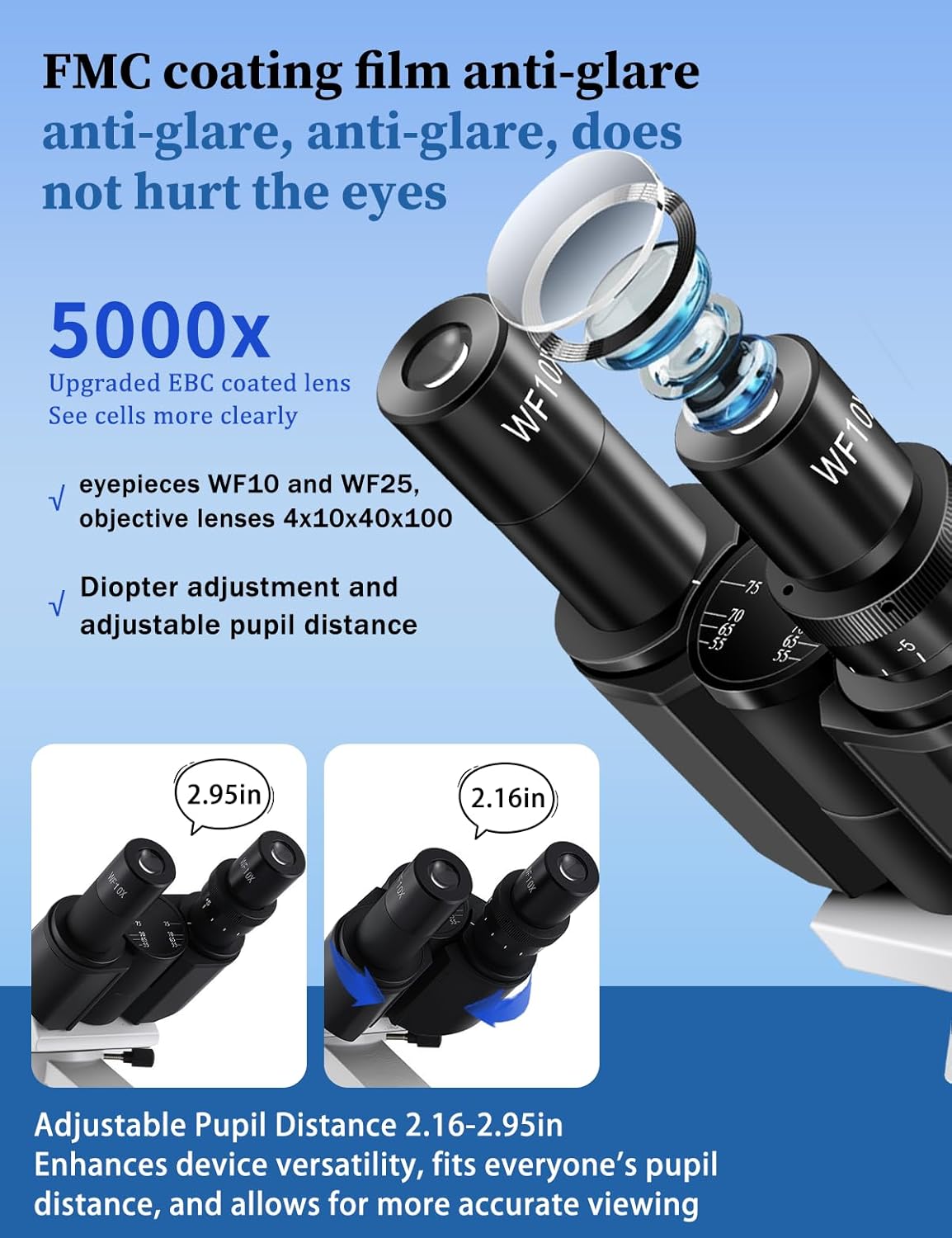 Microscope for Adults WF10x and WF25x Eyepieces, 40X-2500X Magnification, with HD USB Camera, Binocular Microscope for Lab Schools - Image 5