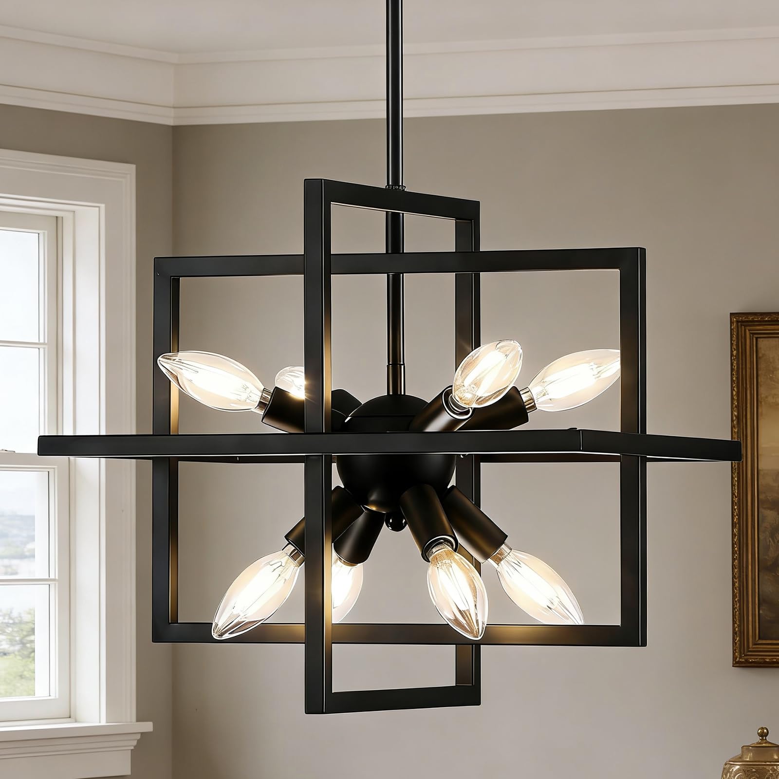 Goomavi Small Modern Lantern Chandeliers, Geometric Black Pendant Lighting, 8-Light Industrial Hanging Chandelier Light Fixture for Dining Room,