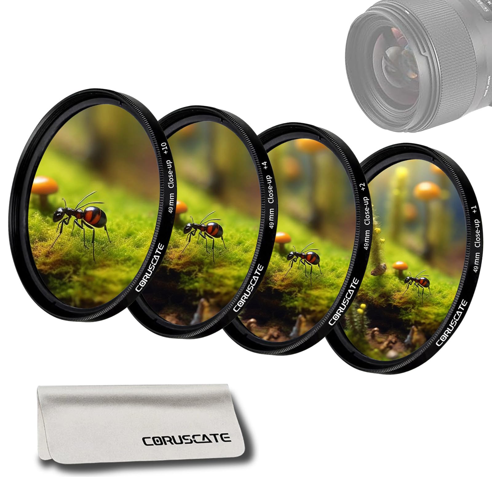 Kit di 4 filtri per close-up da 49 mm (+1, +2, +4, +10), kit di filtri macro per primo piano, compatibile con tutte le lenti con filettatura da 49 mm, 1 panno per la pulizia dell'obiettivo,