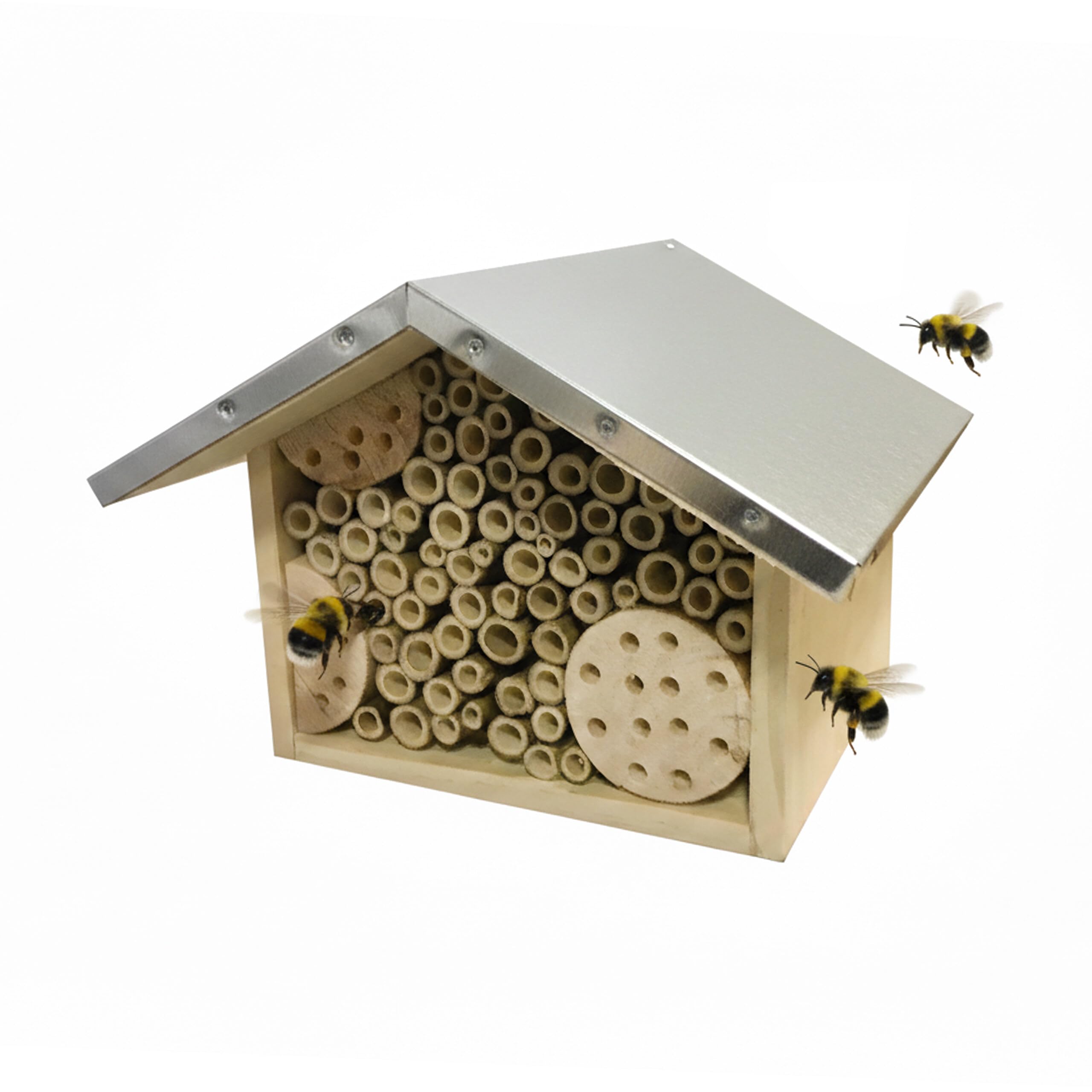 Relaxdays Bee Hotel, Pine with Galvanised Roof, Bamboo Tubes, Hanging Insect House, Natural/Silver, 17 x 23 x 20 cm
