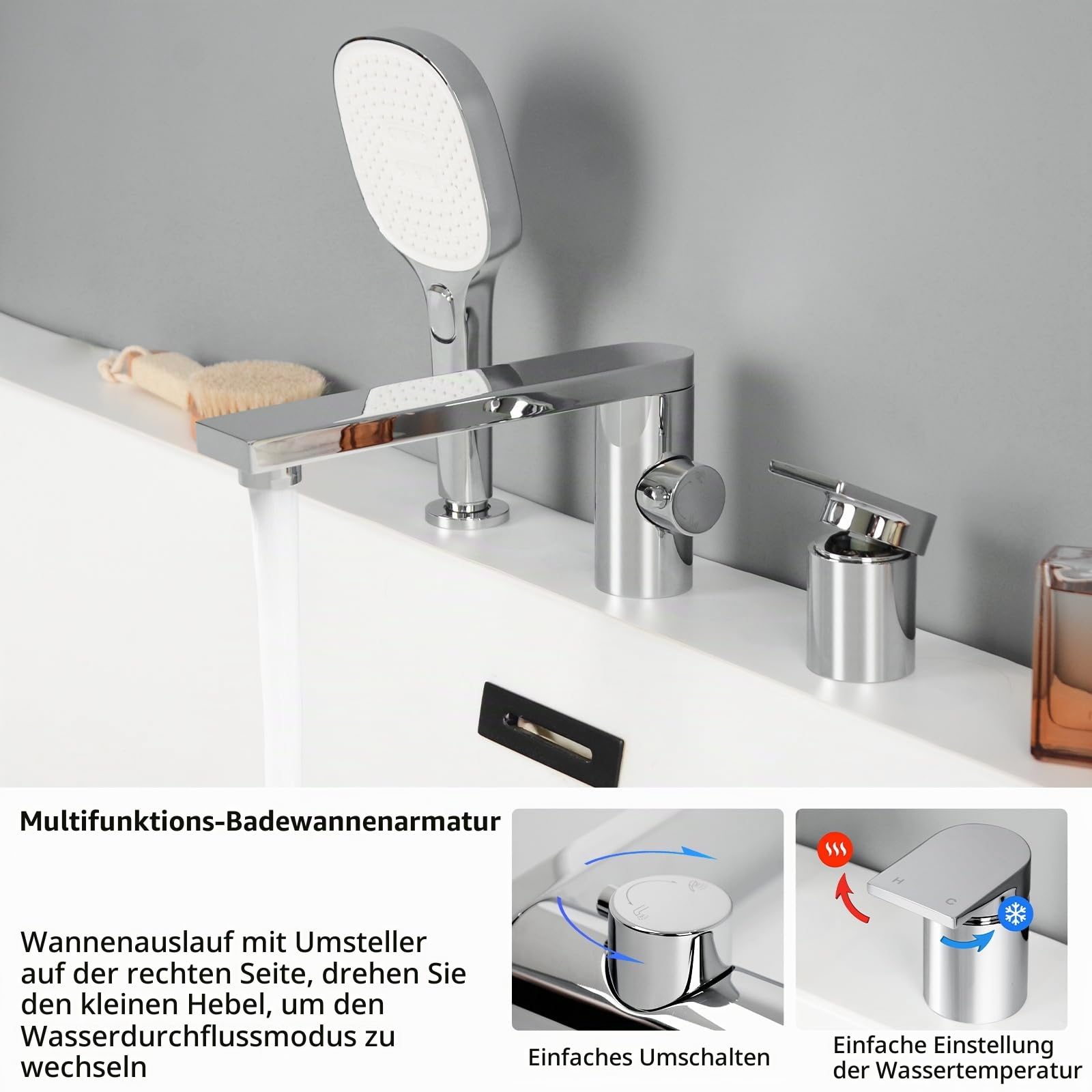PHASAT 3 Loch Badewannenarmatur mit Ausziehbarem Handbrause, Wannenrand Badewanne Armatur Set, Wannenrandkombination aus Messing für Badezimmer, Chrom PTBC21E