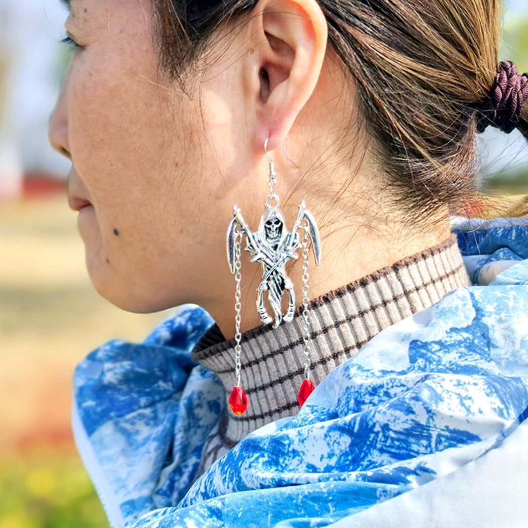 Gothic Death Scythe Earrings Retro Skull Earrings Red Black Crystal Tassels Drop Dangle Earrings Scary Vampire Earrings Punk Rock Style Earrings Halloween Party Earrings for Women - Image 3